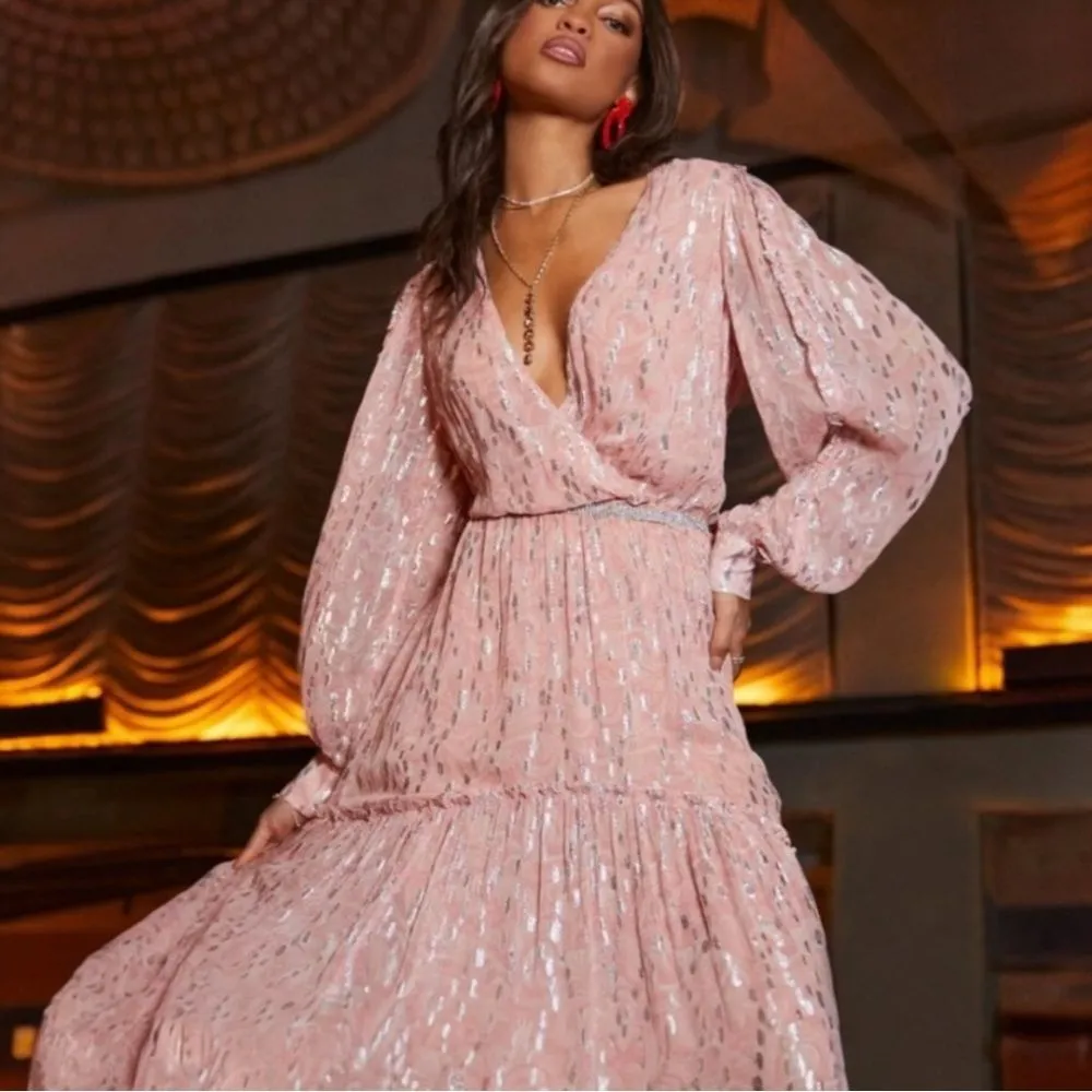 Ramy Brook Ora Metallic Print Maxi Dress Soft Pink Silver Size Small Long Sleeve - Image 8