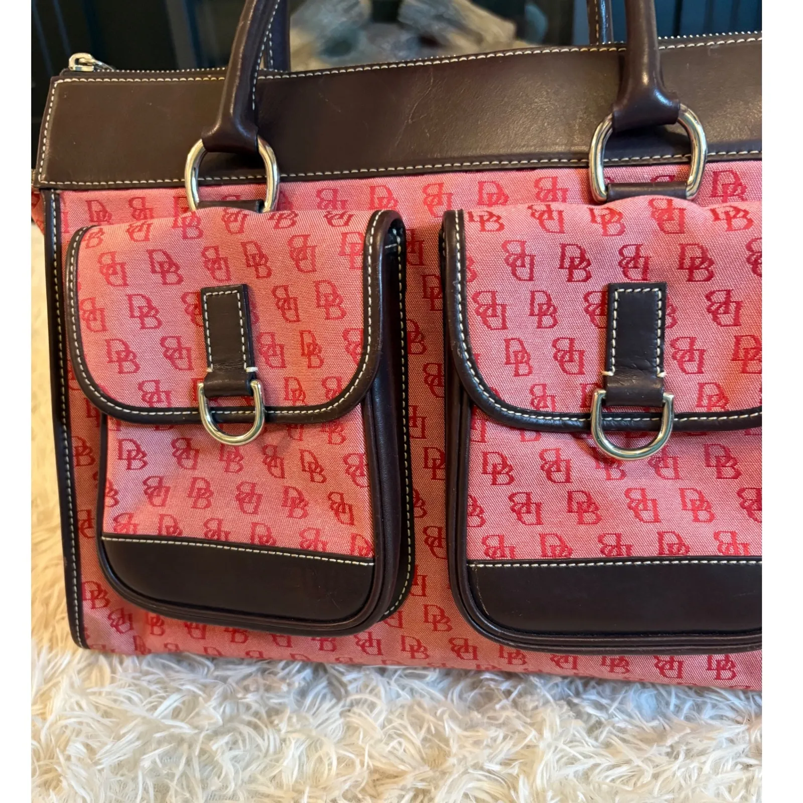 Vintage Dooney & Bourke DB Monogram Purse‎ Bag Top Handle Pink Red Leather Trim - Image 2