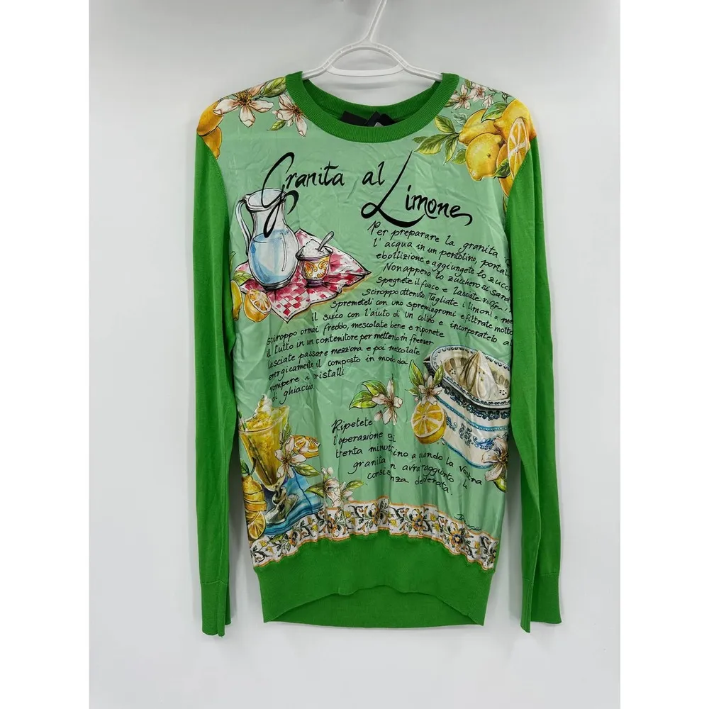 Dolce & Gabbana Lemon Granita Print Green Silk Crewneck Sweater NWT - Image 5