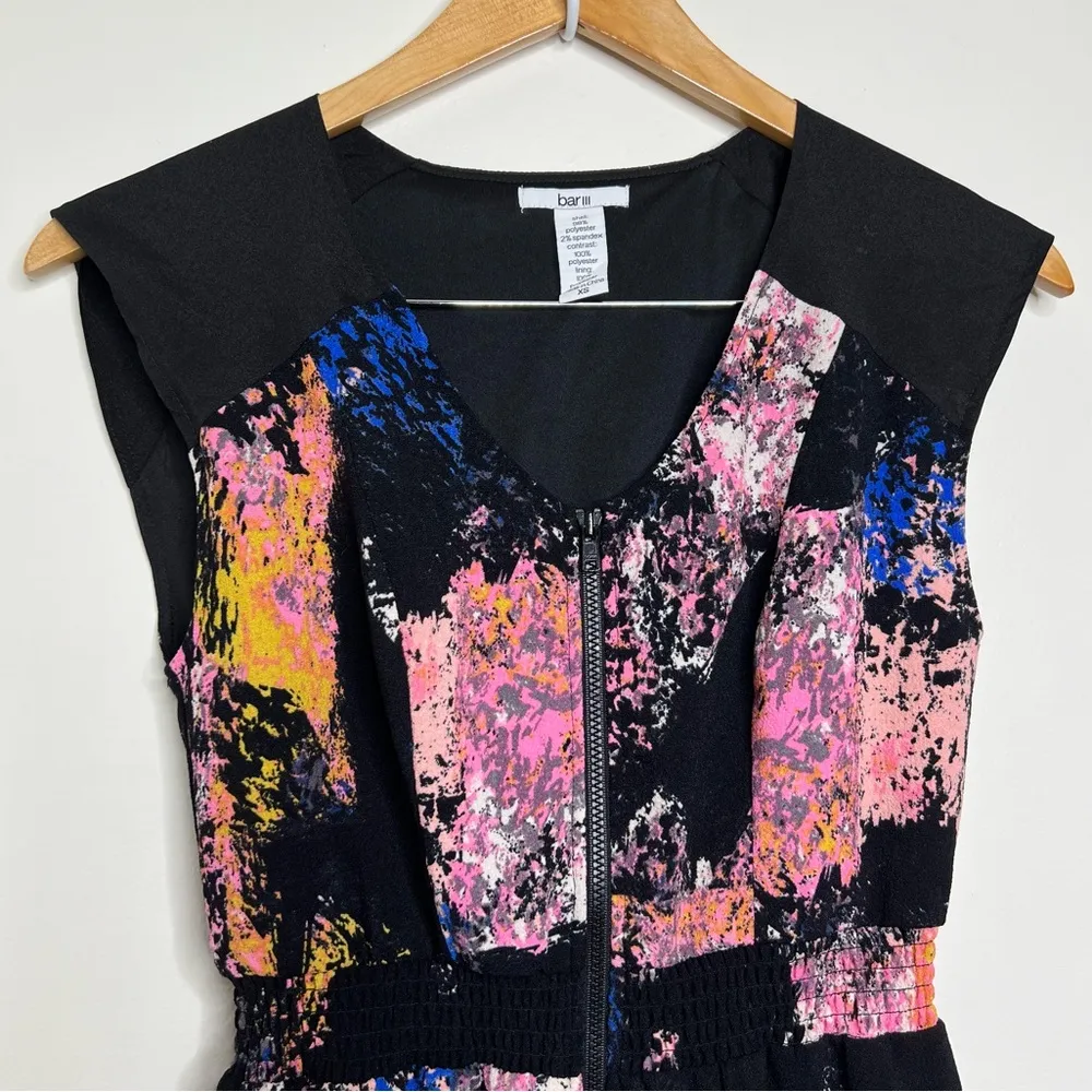 Bar III Zip Front Paint Splatter Dress Black Pink Women’s Sz XS Sleeveless V Nk - Image 2