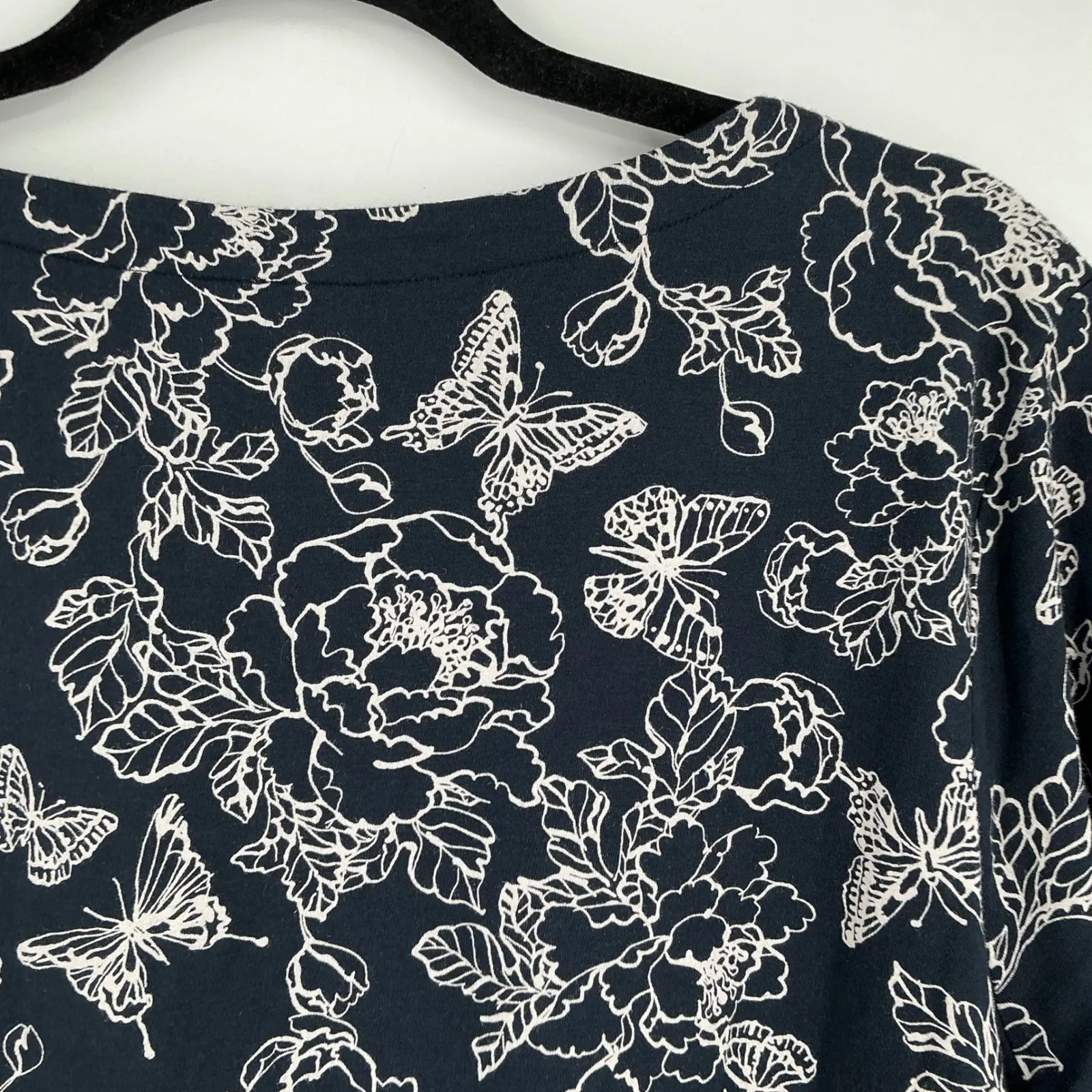 J Jill Layered Lagenlook Long Sleeve Floral‎ Butterfly Top Women's Size L Navy - Image 6