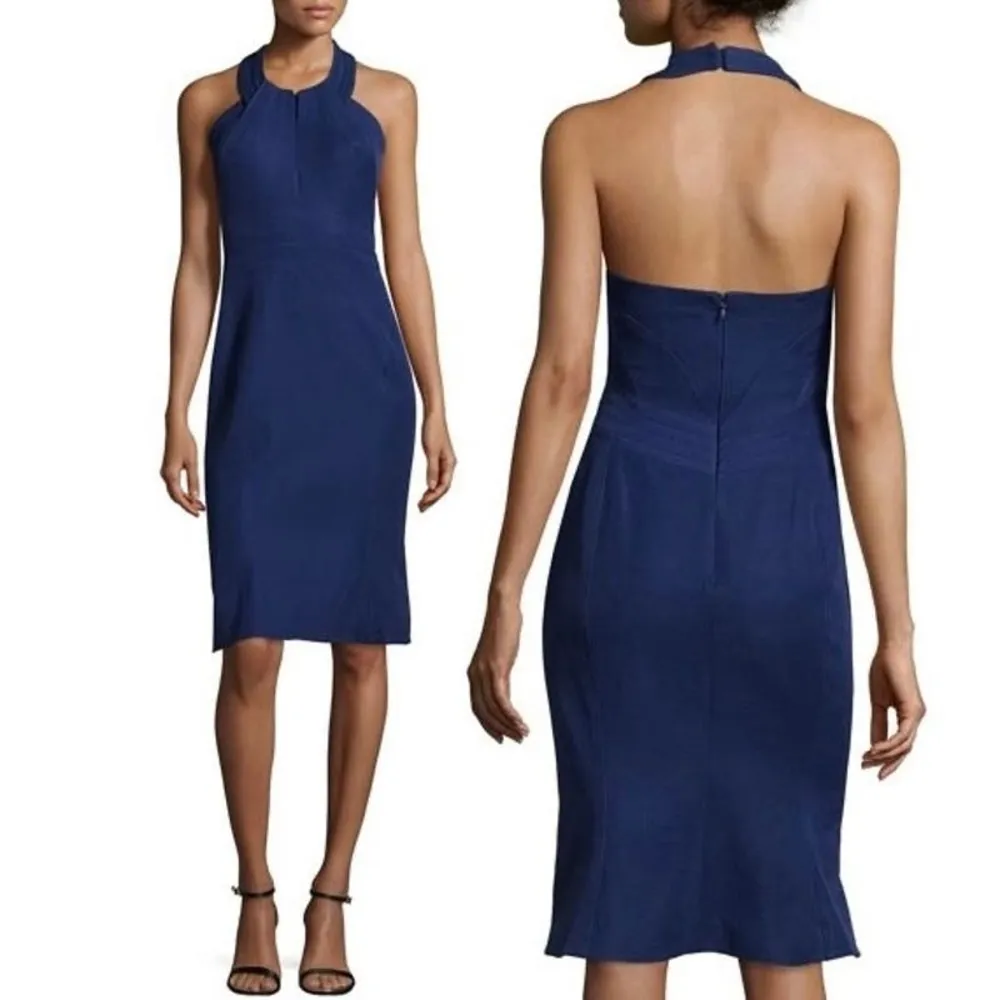 Navy Blue Halter-Neck Sheath Midi Mermaid Dress - Image 16