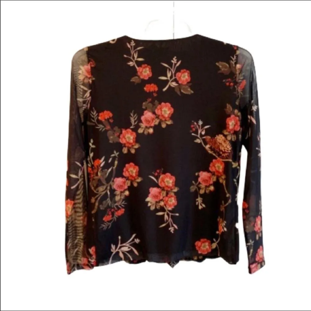 Vero Moda Blouse Top Black Orange Floral Surplice Long Sleeve Top Medium - Image 3