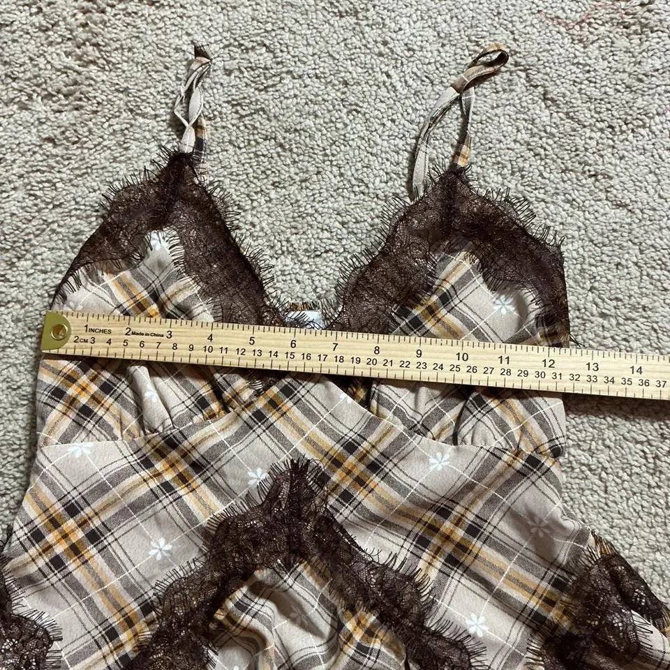 Stitch Pine Plaid Lace Trim Cami Dress XS Brown White Yellow Flannel - Image 5