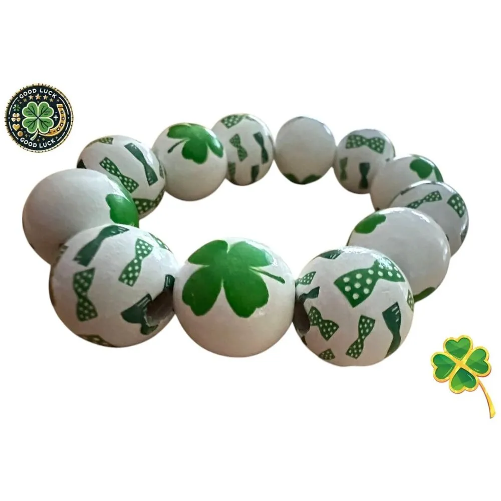 Luck of the Irish Clover Wood Beaded Stretch Bracelet St Patricks Day Ne… Green - Image 7