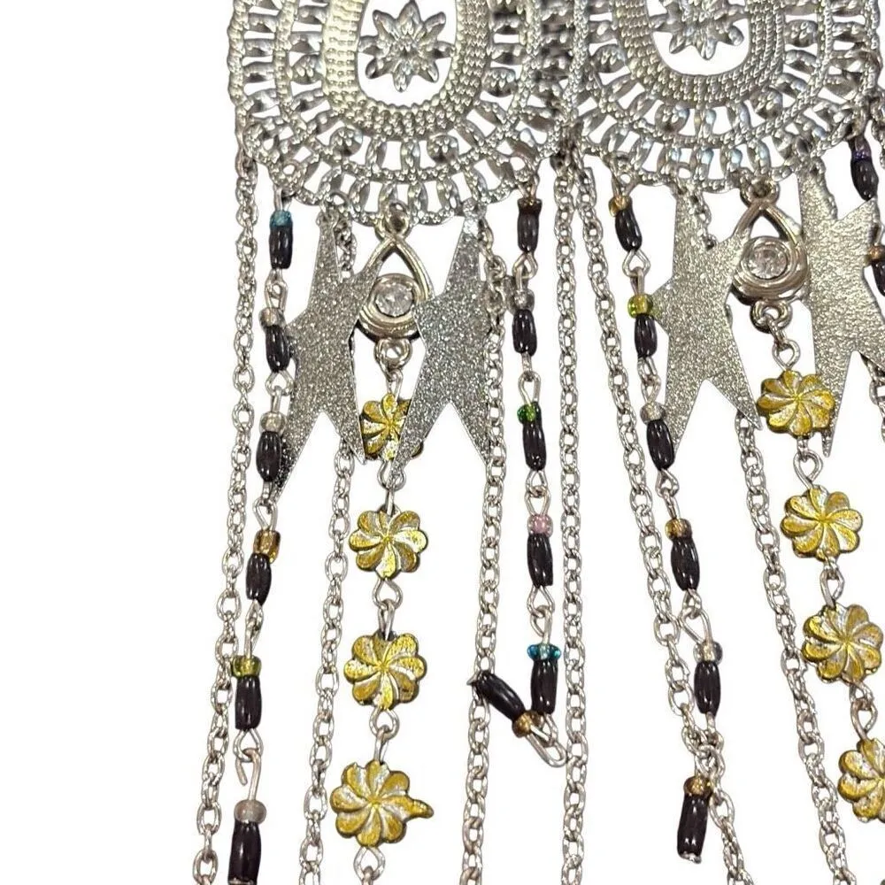 Silver Teardrop Filigree Yellow Black Beads Long Earrings Chain Fringe Stars NWT - Image 3