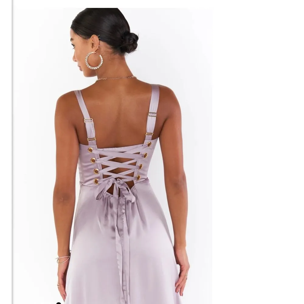 Show Me Your Mumu Clarissa Corset Dress Maxi Dusty Purple Luxe Satin Medium - Image 3