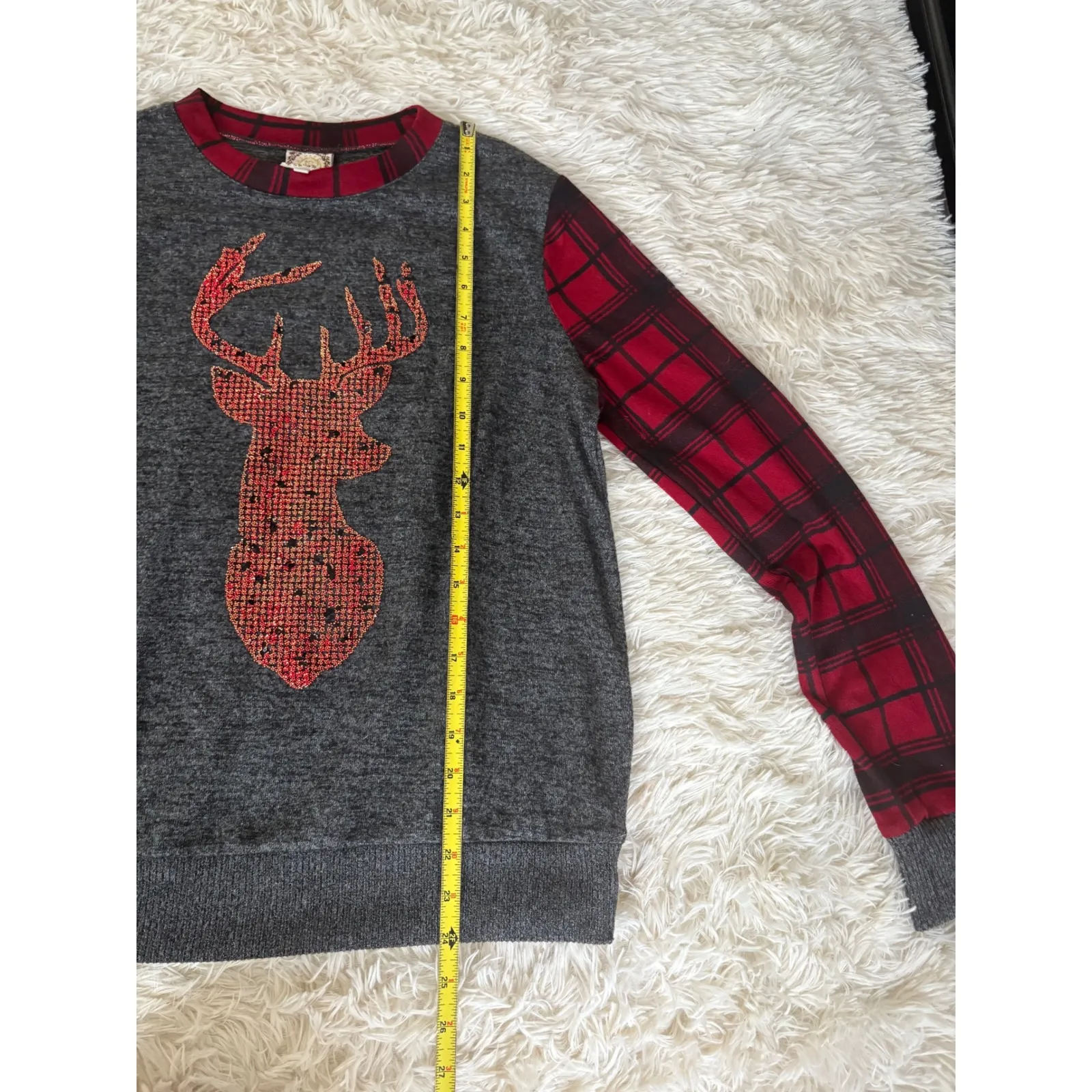 RBielle Red Plaid Christmas Sleeve Women's Sz Sm Reindeer Deer‎ Sequin Holiday Gray - Image 3