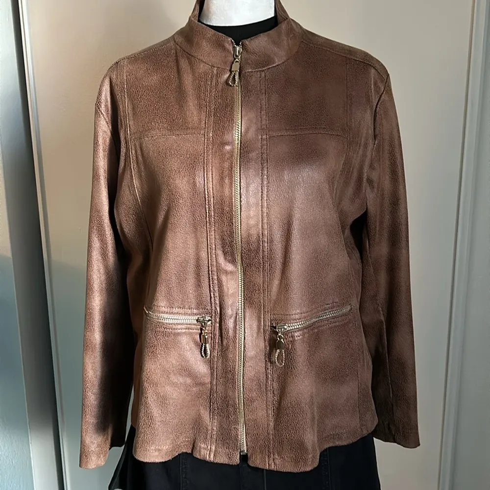 Monaco Blue Vintage Vegan Micro Suede Textured Brown Moto Style Zip Up Jacket Gold - Image 13