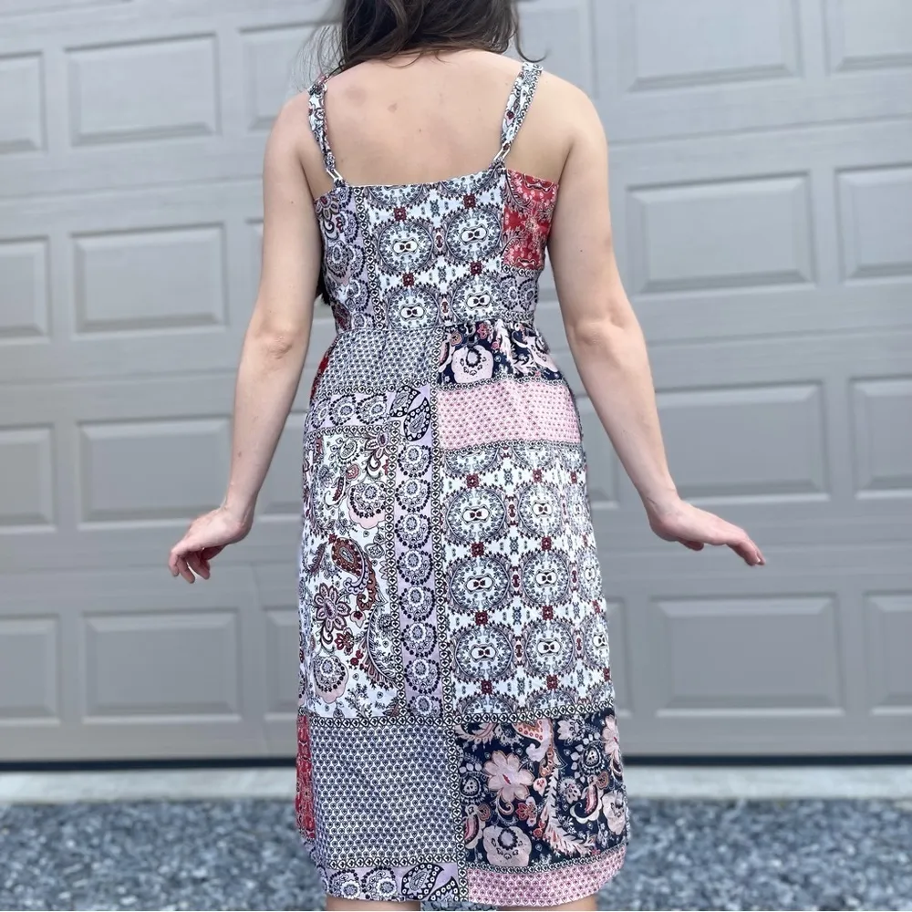 Rachel Zoe 100% Linen Paisley Bandana Boho Patchwork Print Midi Sun Dress Size 8 - Image 3