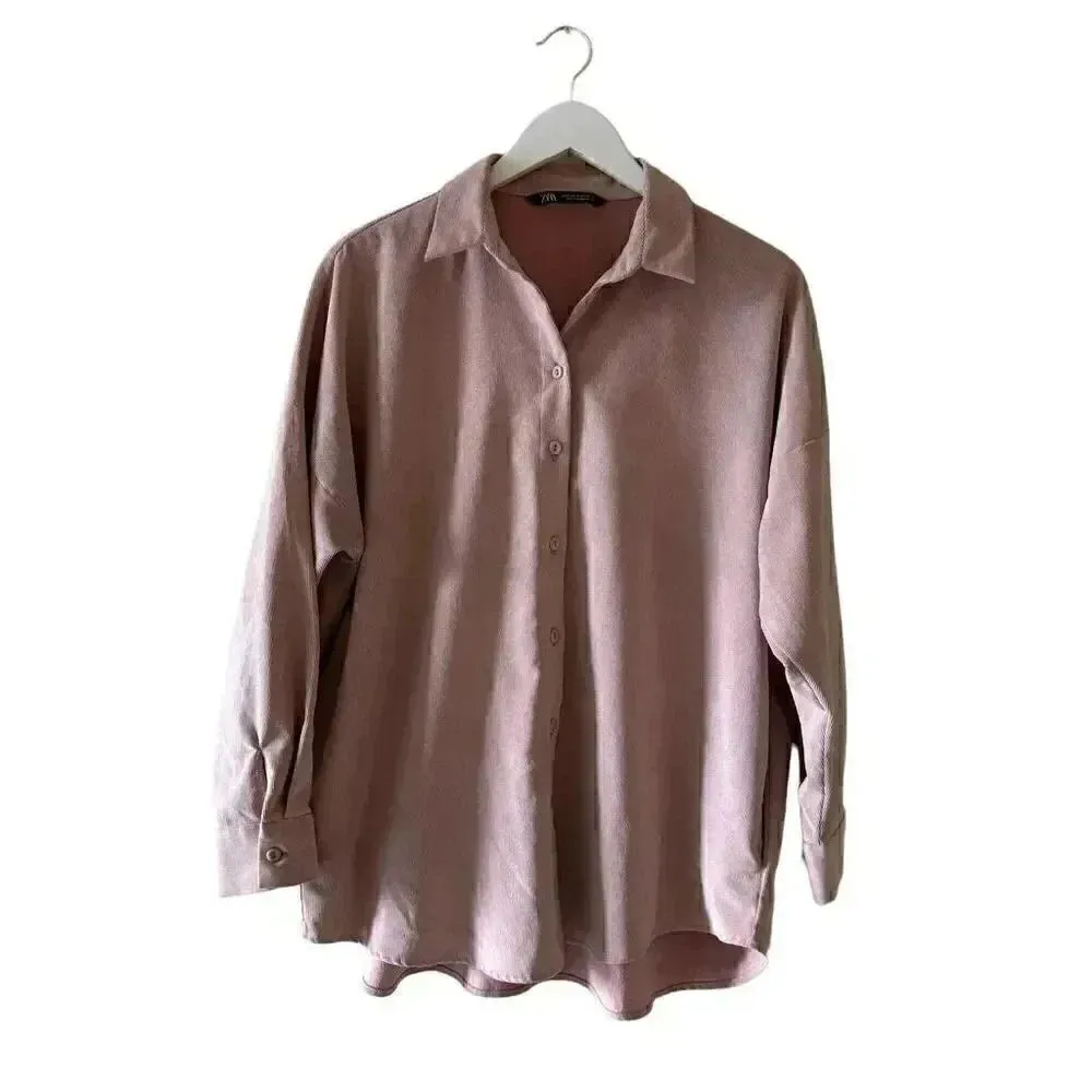 Zara Oversized Corduroy Button Down Shirt Blush Pink, SZ M# 1822 - Image 5