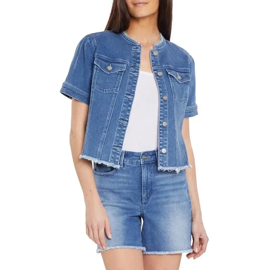 NWT NYDJ Astral Denim Jacket Medium Blue Puff Sleeve Raw Hem Cropped Western‎ - Image 5
