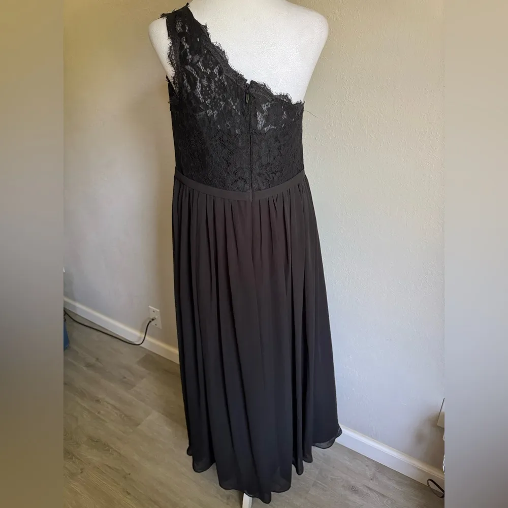 Azazie Demi Black A-Line Lace One Shoulder Chiffon Dress Womens M C Bridesmaid - Image 3