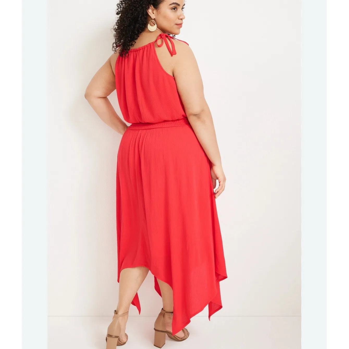 NWT Maurices Smocked Waist Shark Bite Halter Neck Midi Dress Red Sundress XS - Image 3