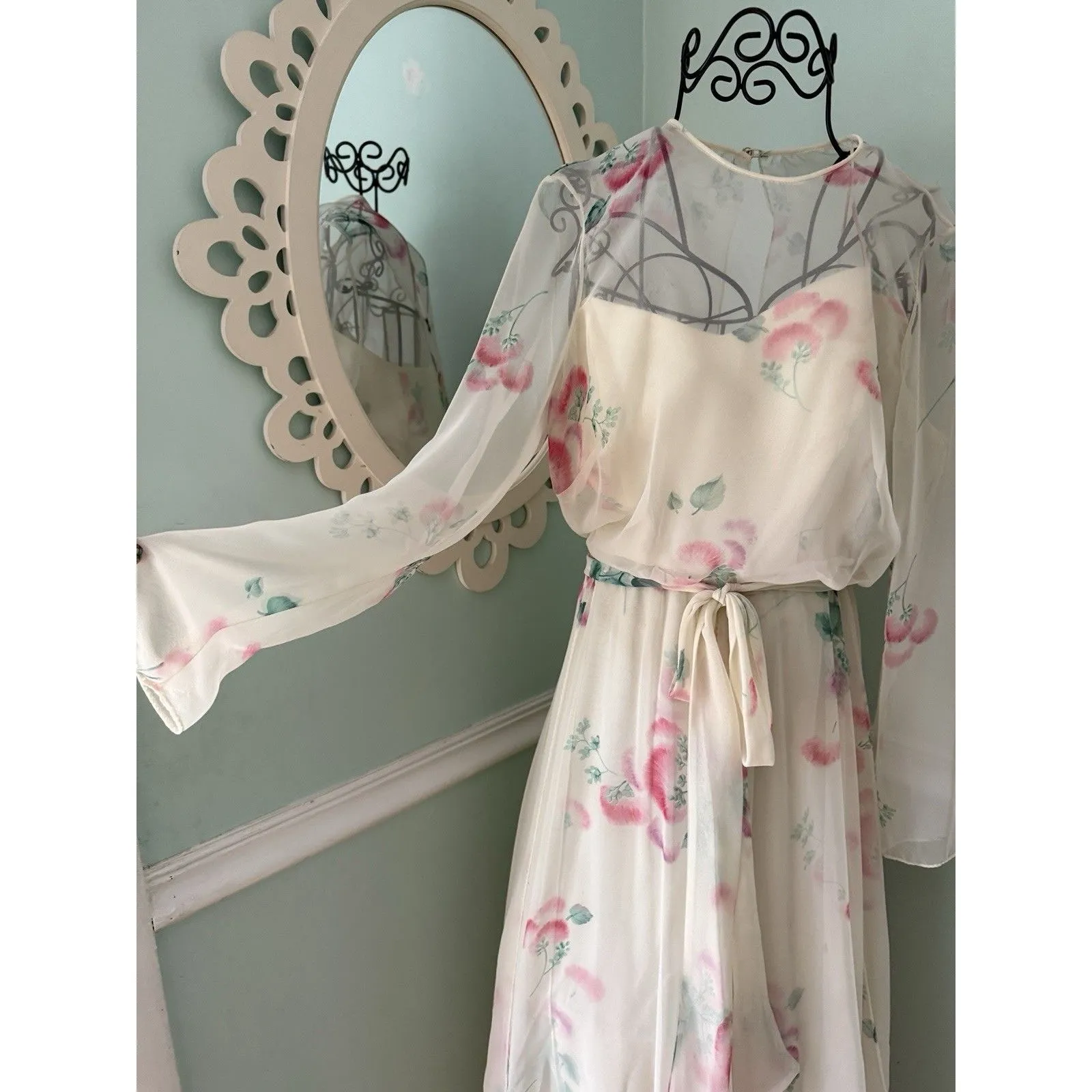 Vtg Miss Elliette Dress 10 70s Gown Evening A Line Chiffon Party Floral Flirty Yellow - Image 2