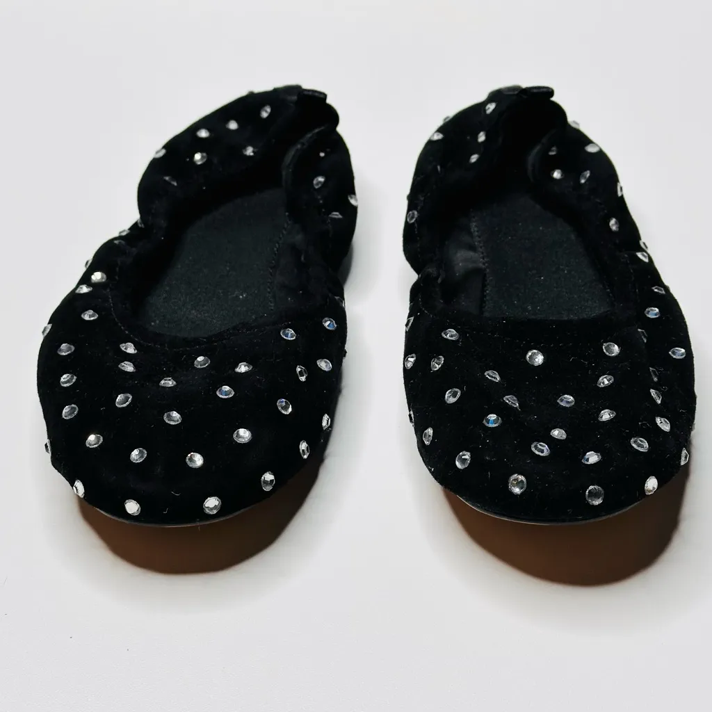 Zara Black Suede Crystal Rhinestone Embellished Ballet Flats Shoes New - Image 12