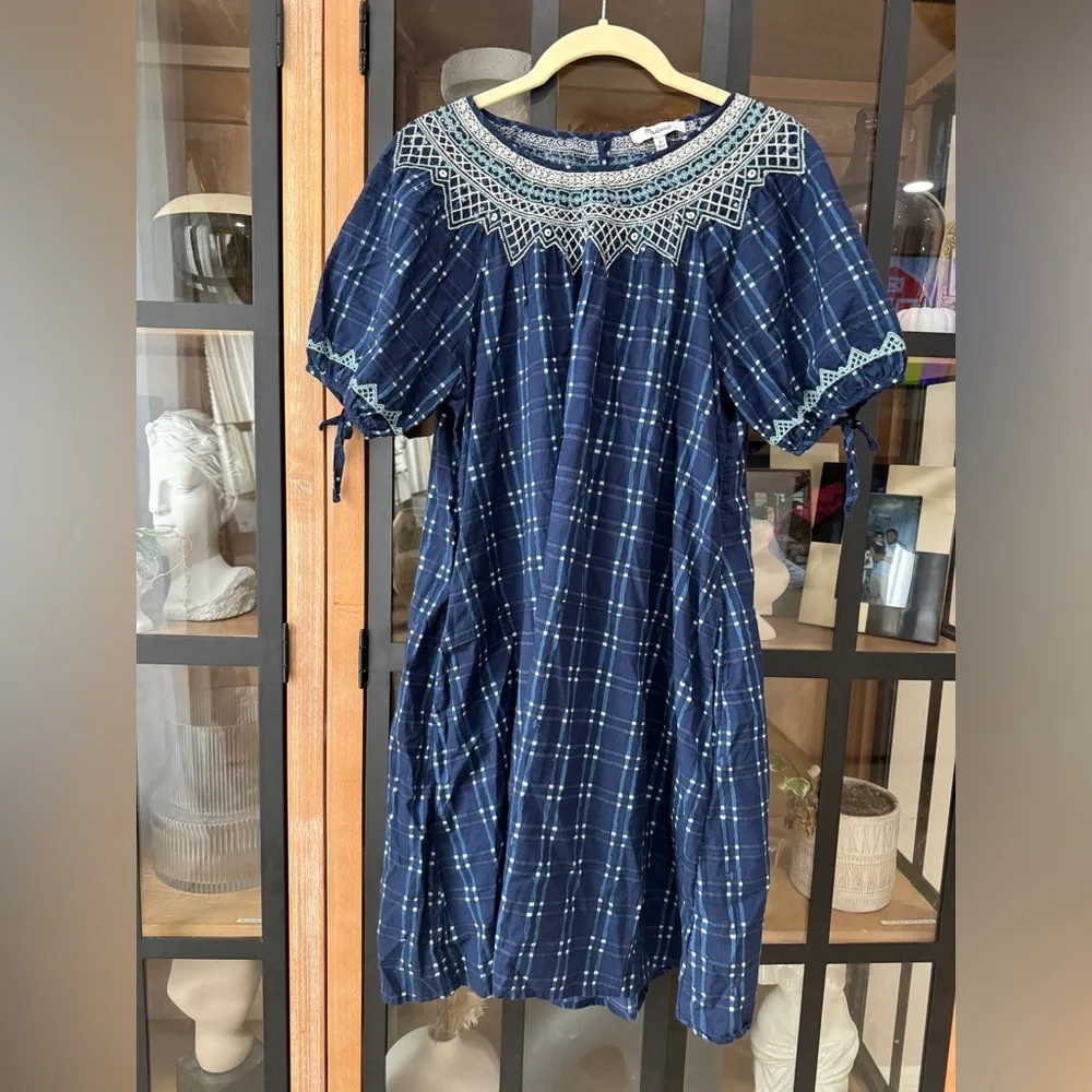 Madewell Embroidered Puff short Sleeve Babydoll Dress Indigo Plaid navy pockets - Image 7