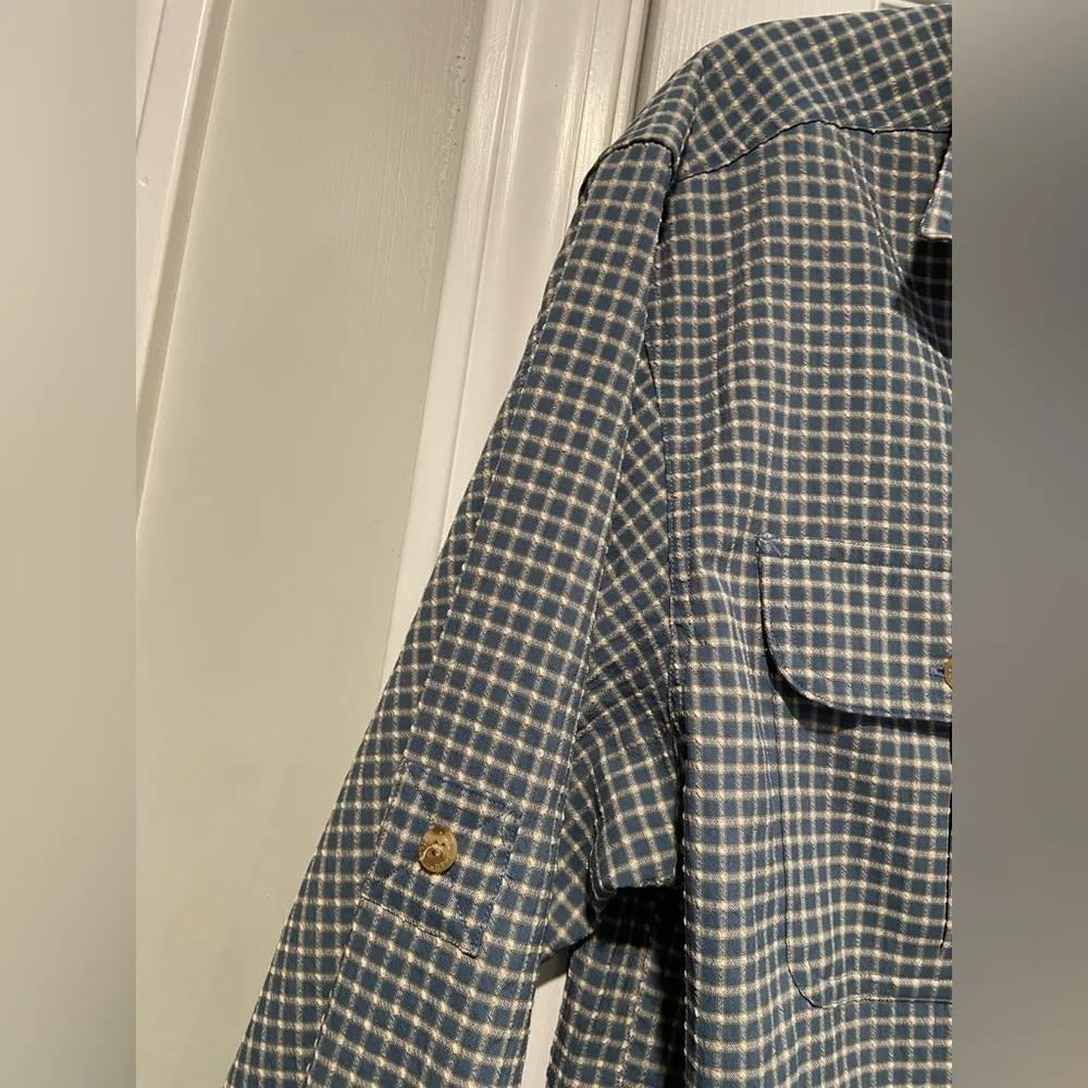 VTG L.L. Bean Size L Blue Plaid Nylon Stretch Roll Tab Hiking Outdoor Shirt Size L - Image 5