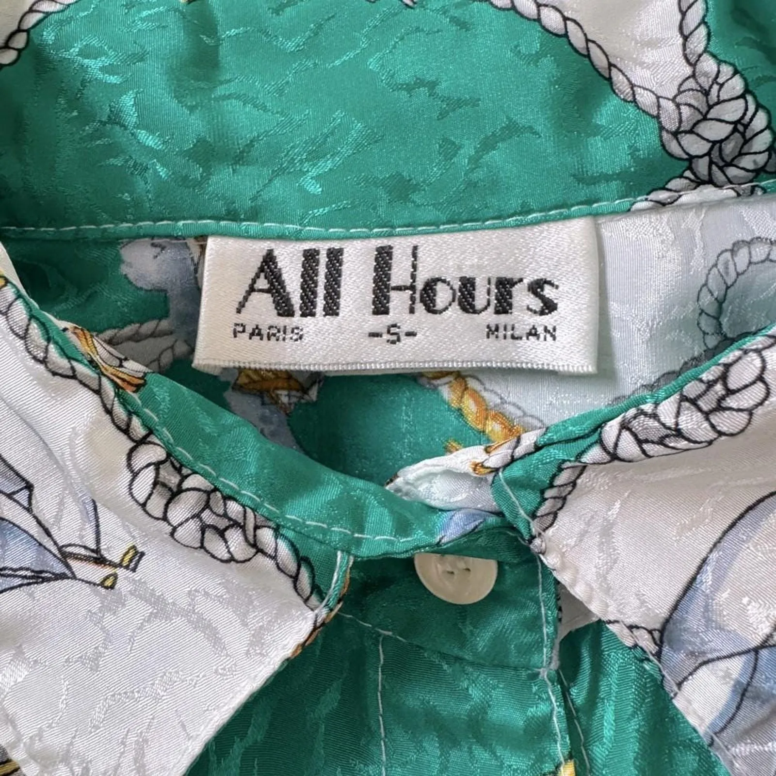 Vintage ‘80s All Hours Sailboat & Anchor Print Short Sleeve Collared Blouse Green - Image 7