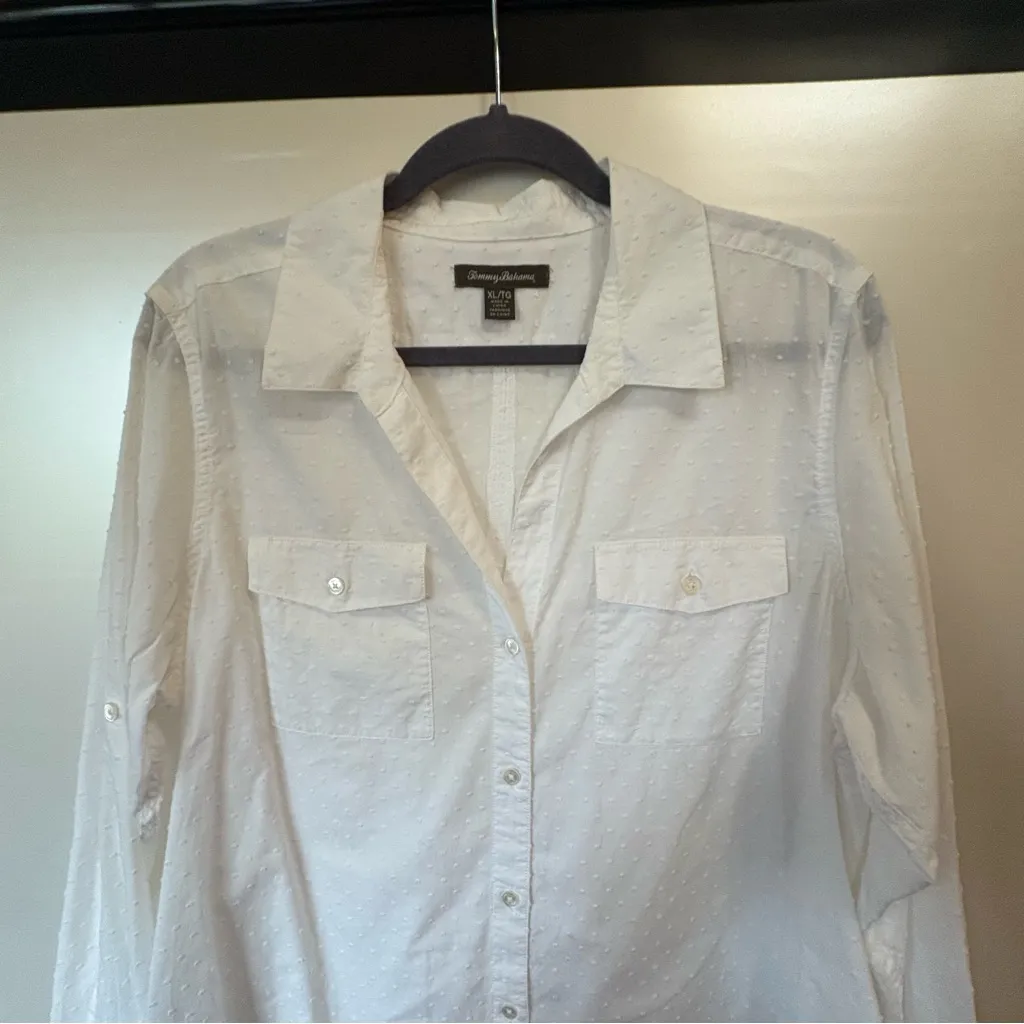 Tommy Bahama eyelet texture White Button-Up Blouse size XL - Image 4