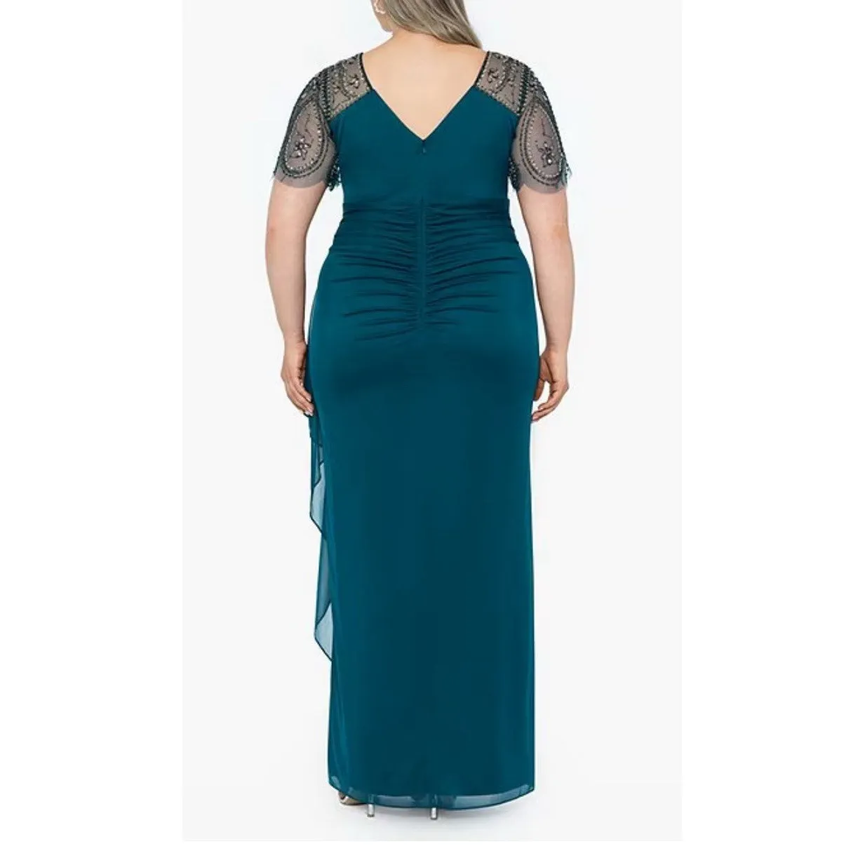 Xscape Sheer Matte Jersey V-Neck Short Sleeve Beaded Ruched Sheath Dress Size 16 - Image 7