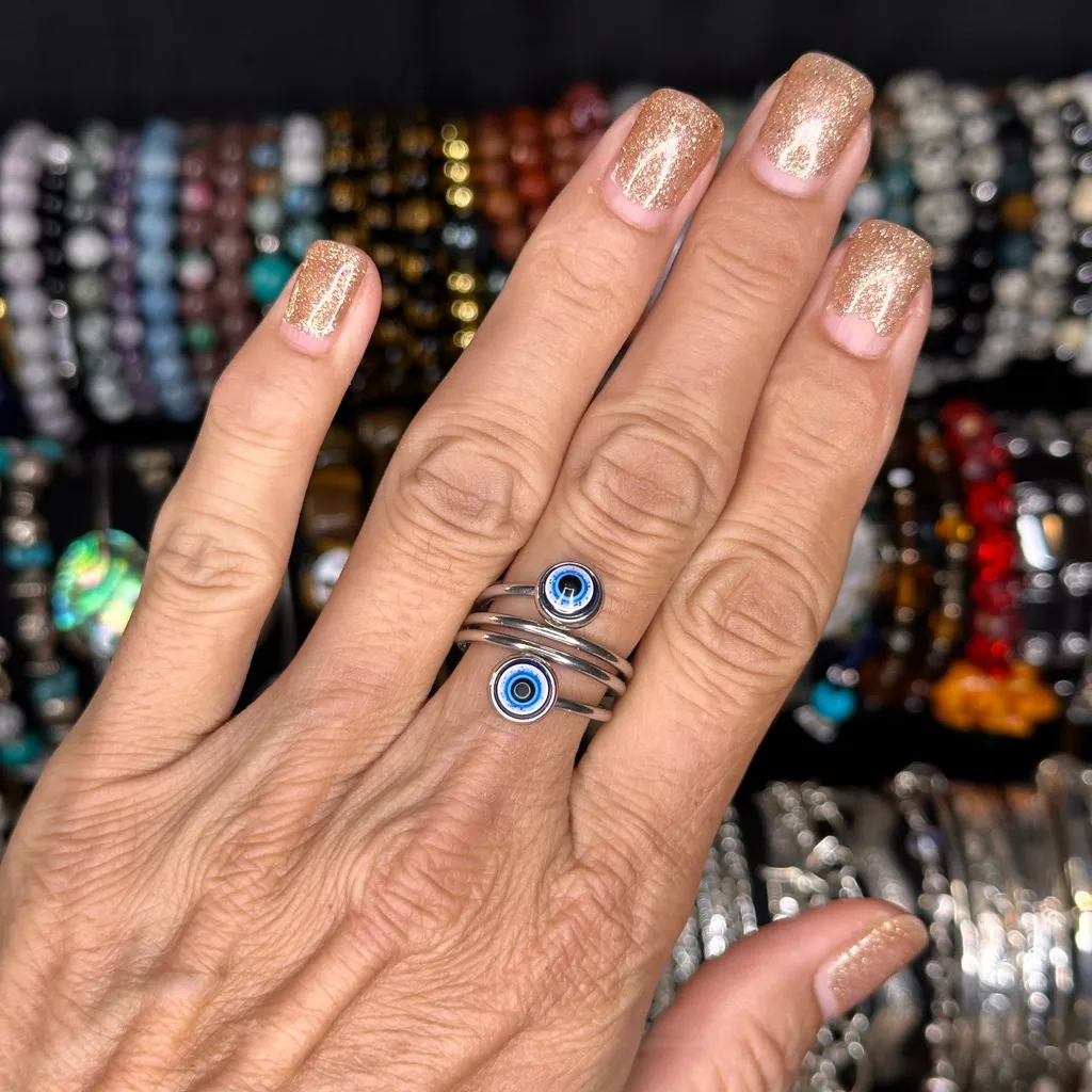 Evil Eye Blue Stainless Steel Open Silver Tone Boho Ring - Image 2