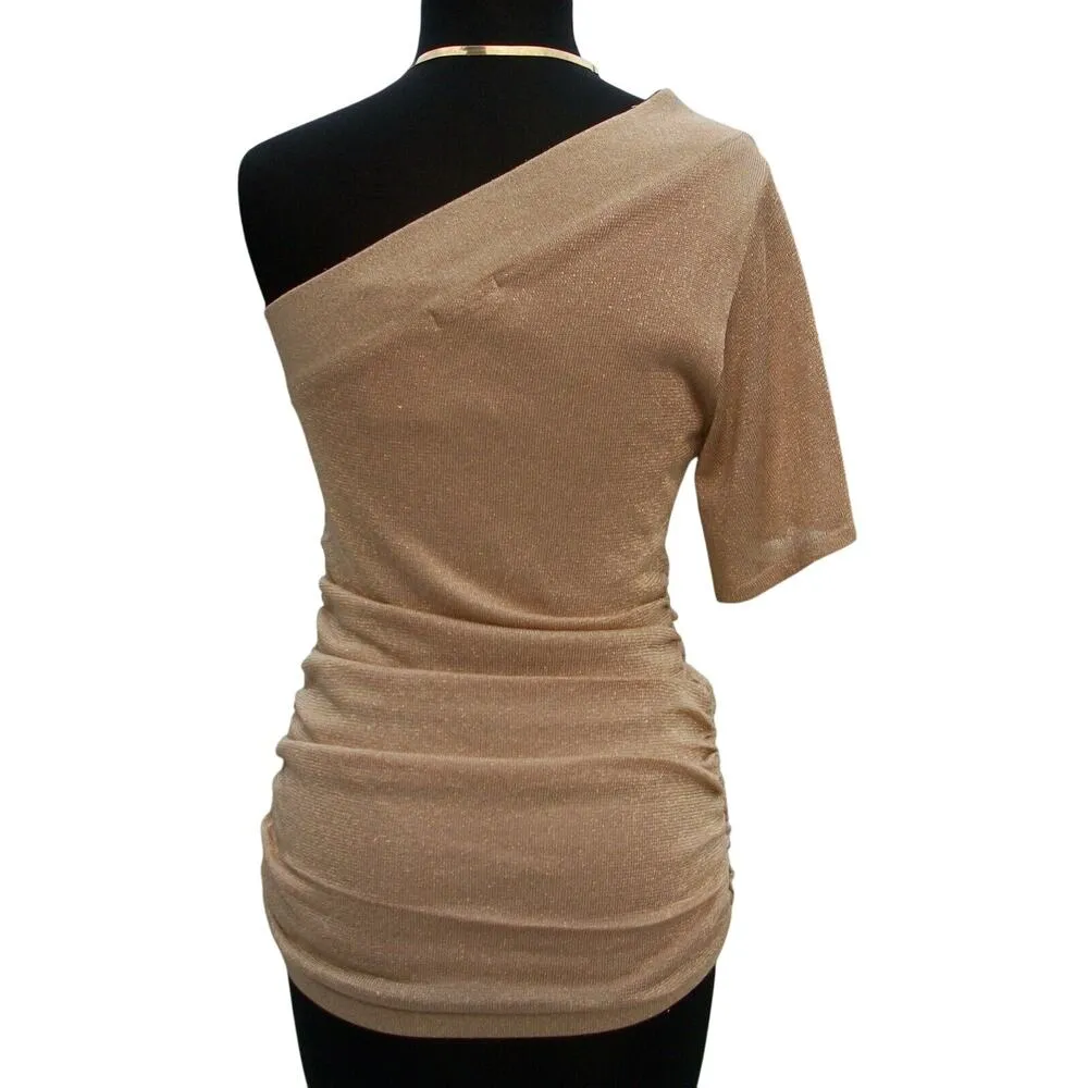 Cache  Gold Metallic 1 Shoulder Top New Stretch Metal Stud Embellished $128 NWT - Image 3