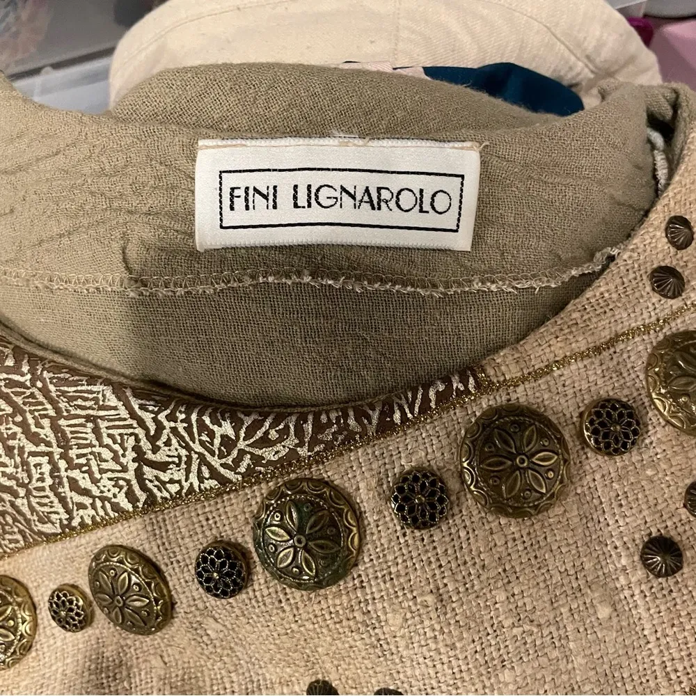 Funky Vintage 80’s oversized luxury boutique linen embellished dress chunky belt Tan Size M - Image 12