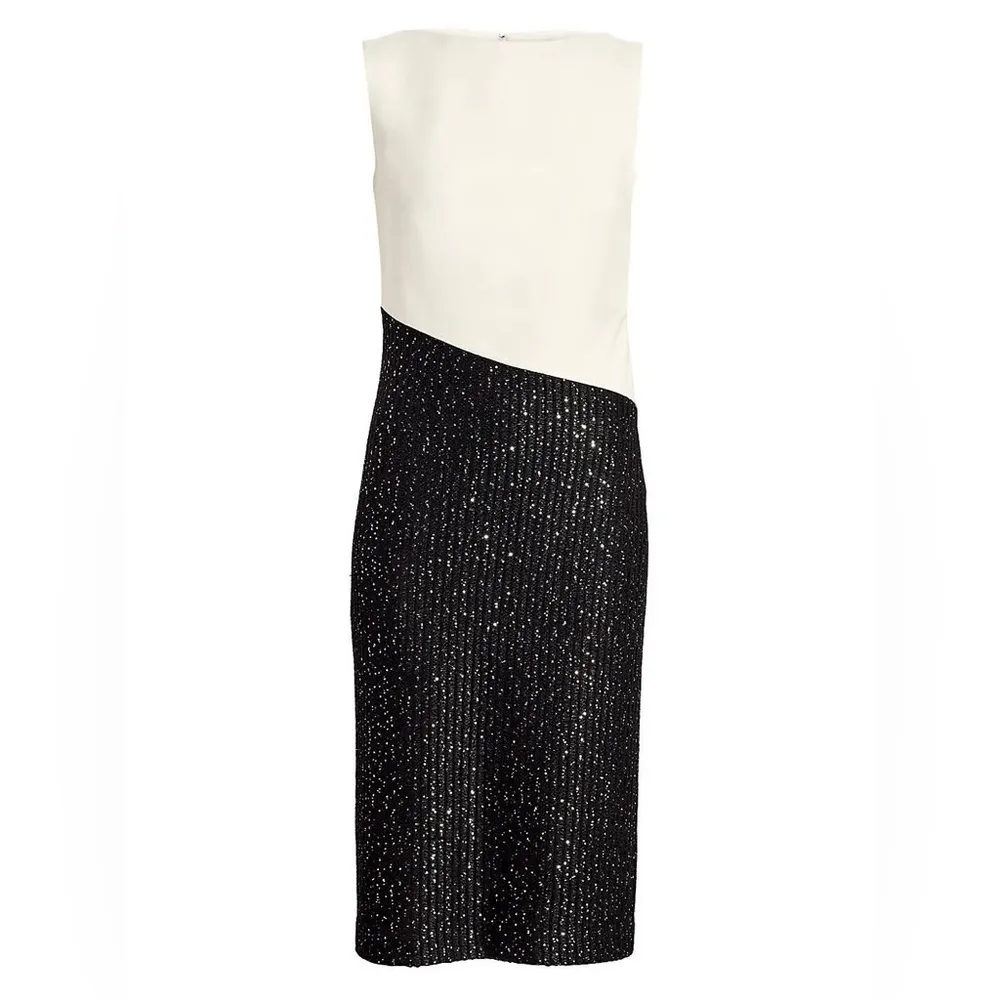 St. John Colorblock Tuxedo Bodice Dress w/Sequin Ribbed Knit, Size 10 NWT $1395 - Image 3