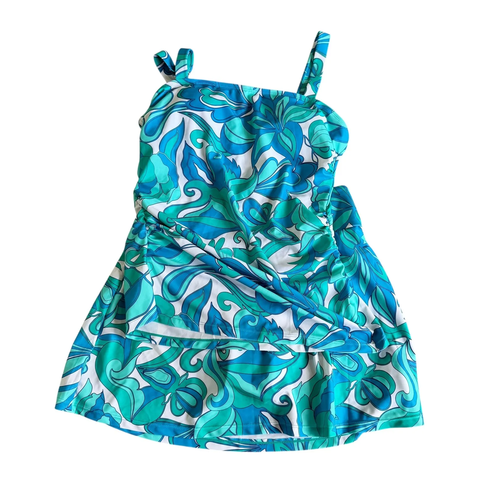 Swim Dress Cover Up Medium Blue Green‎ Floral 80s Mod Style Cute - Image 5