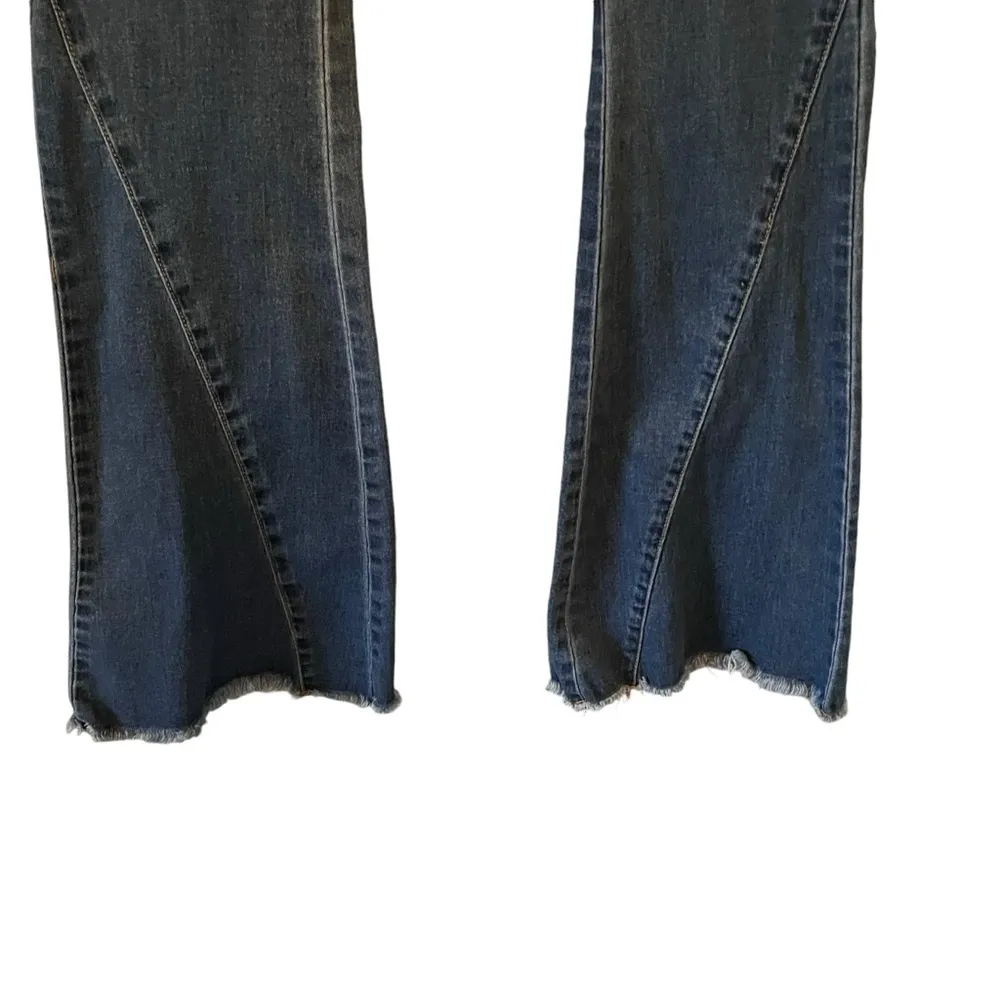 Blue Blush Elastic High Waist Flared Fringe Hem Jeans - Image 8
