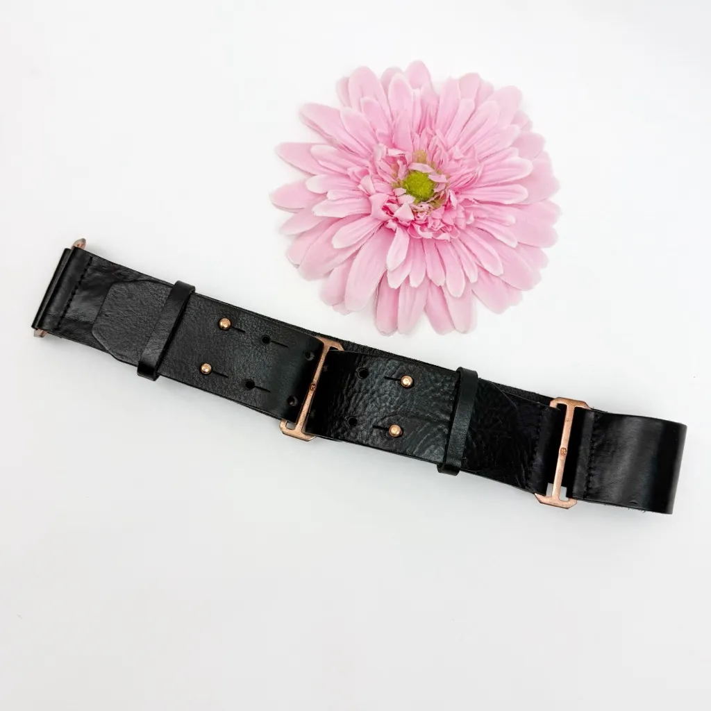 Rag & Bone Adjustable Leather Belt Rose Gold Hardware Black - Image 2