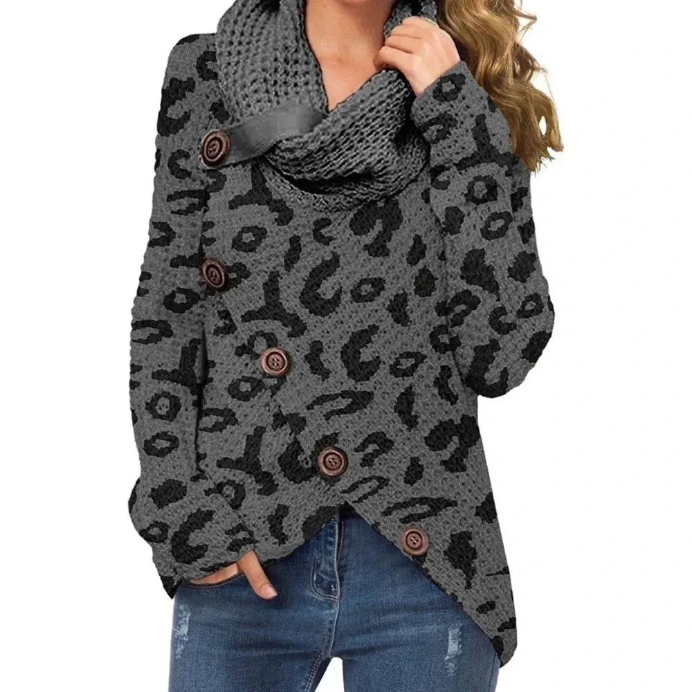 Grecerele Sweater Gray Cheetah Cowl Neck Asymmetric Button Tulip Hem Size M NEW Black Size M - Image 2