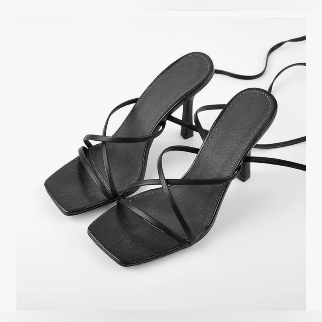 NEW Black Stiletto High Heels Strappy Lace Up Sandals 10 - Image 4