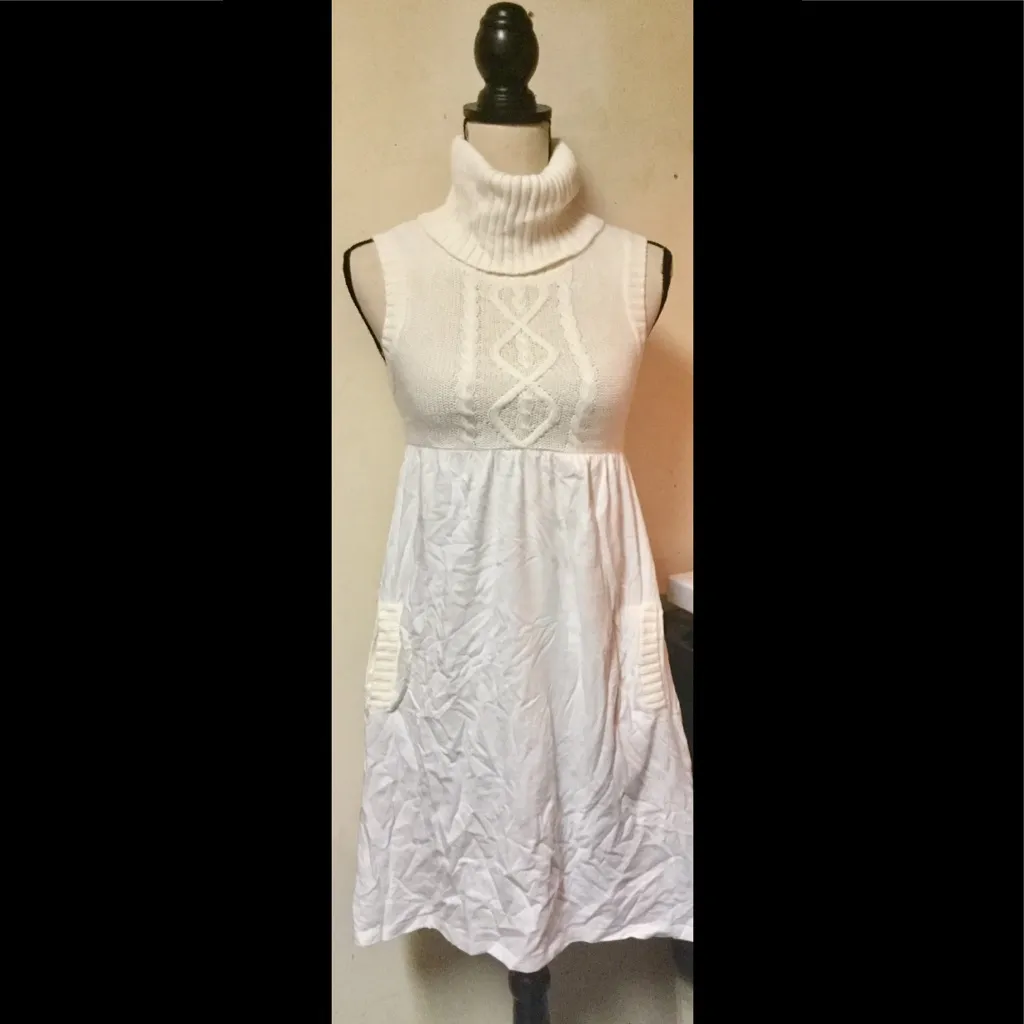 Beige Off White Cream Knit Dress: Empire Waist, Sleeveless, Turtleneck, Sz. S - Image 3