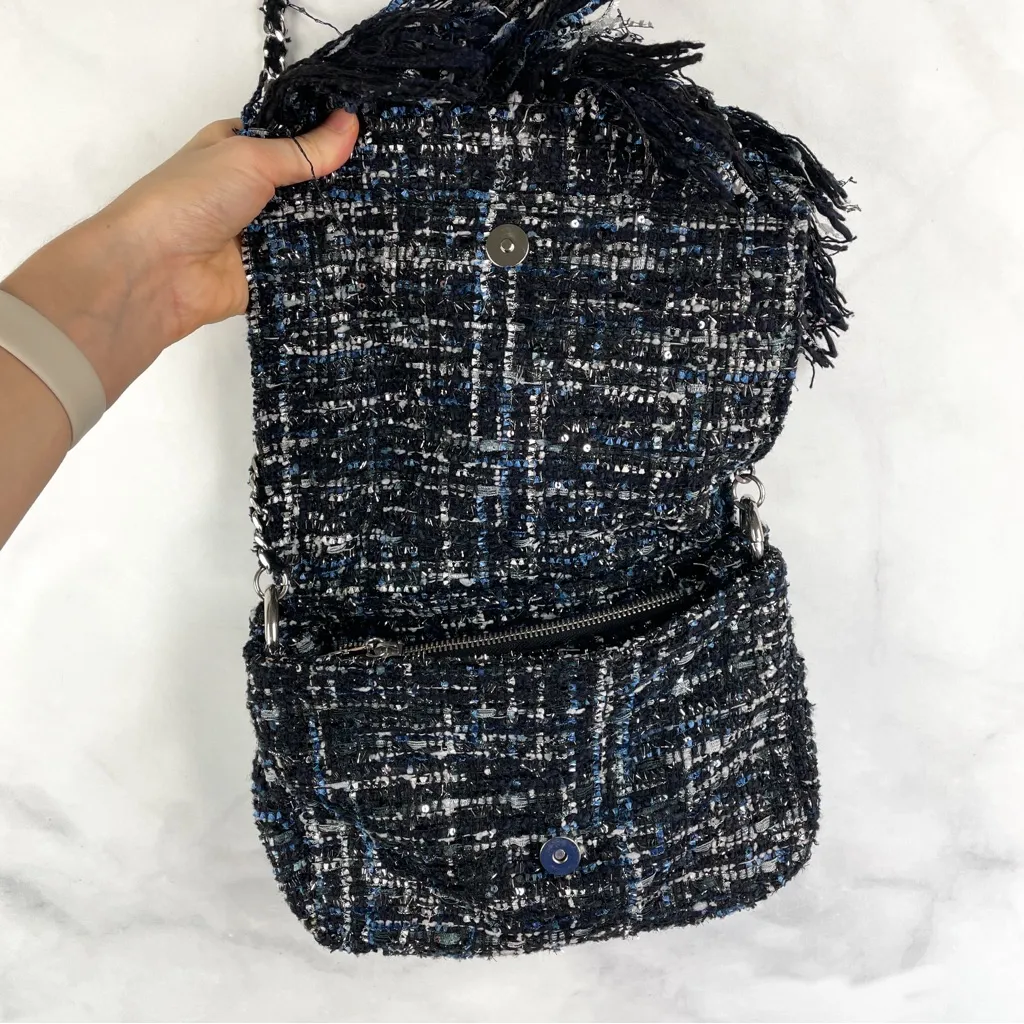 Zara TRF Lurex Glitter Tweed Woven Fringe Chain Crossbody Purse Bag Navy Y2K - Image 8