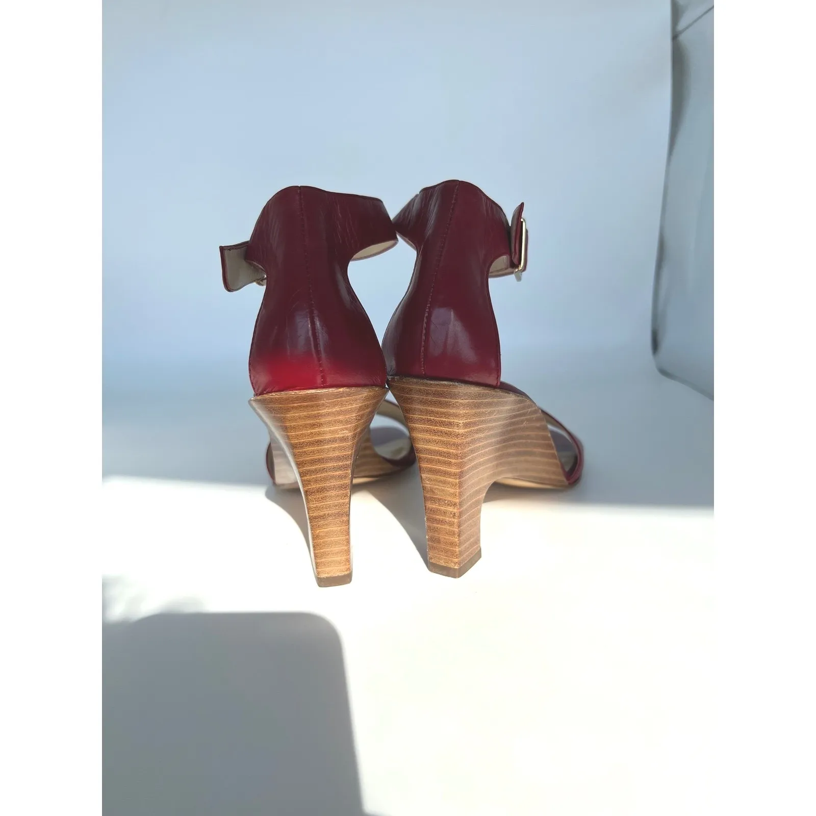 AK Anne Klein Red Leather Ankle Strap Wedge‎ Heel Sandals Women's Size 6M - Image 3