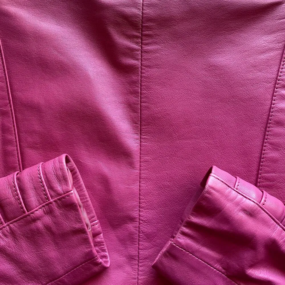 Vintage 80s Yucatan Bay Pink 2 Piece Leather Mini Skirt Jacket Matching Suit Set - Image 13