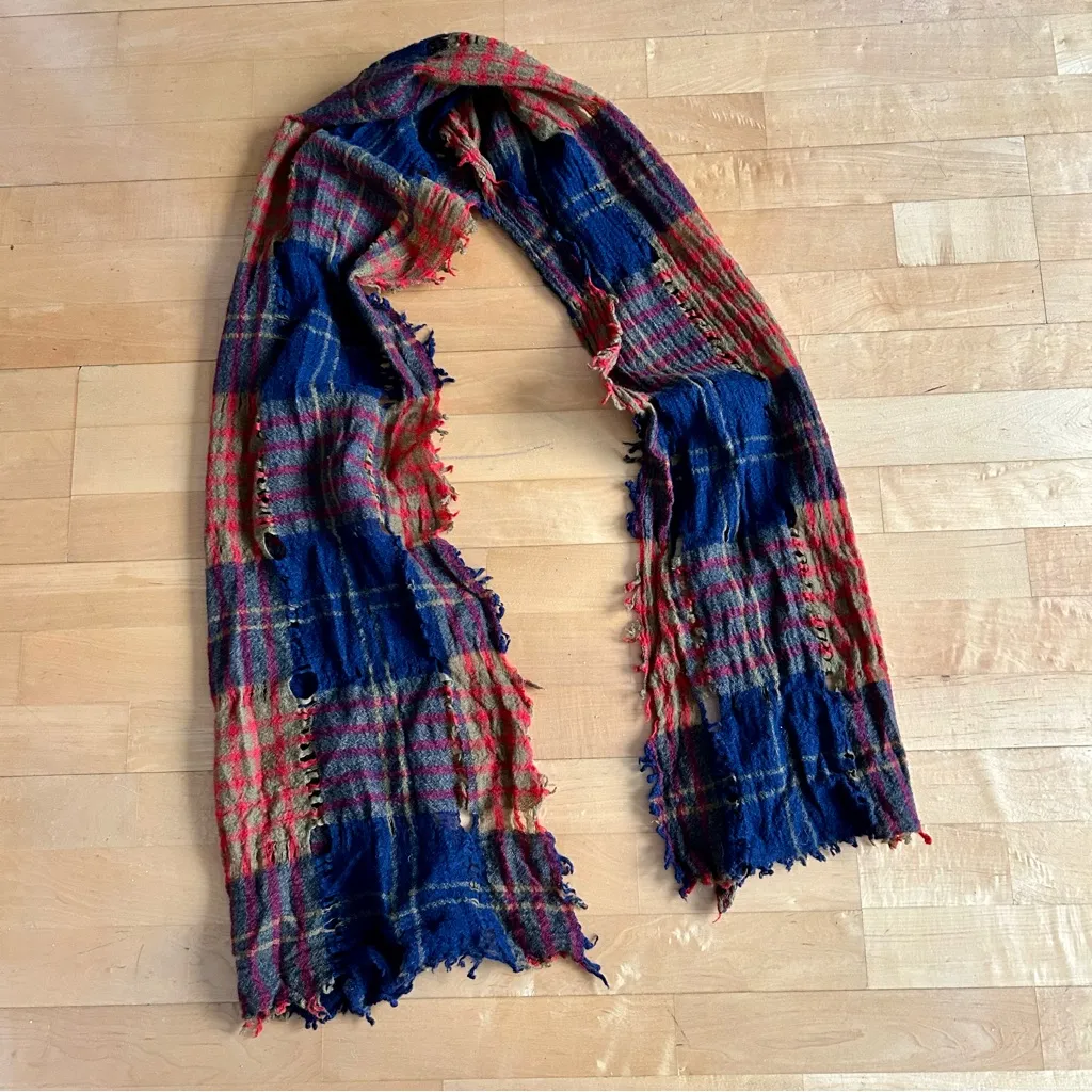 Madewell Distressed Plaid Wool Scarf, Colorful Muted Earth Tones, Unisex - Image 2