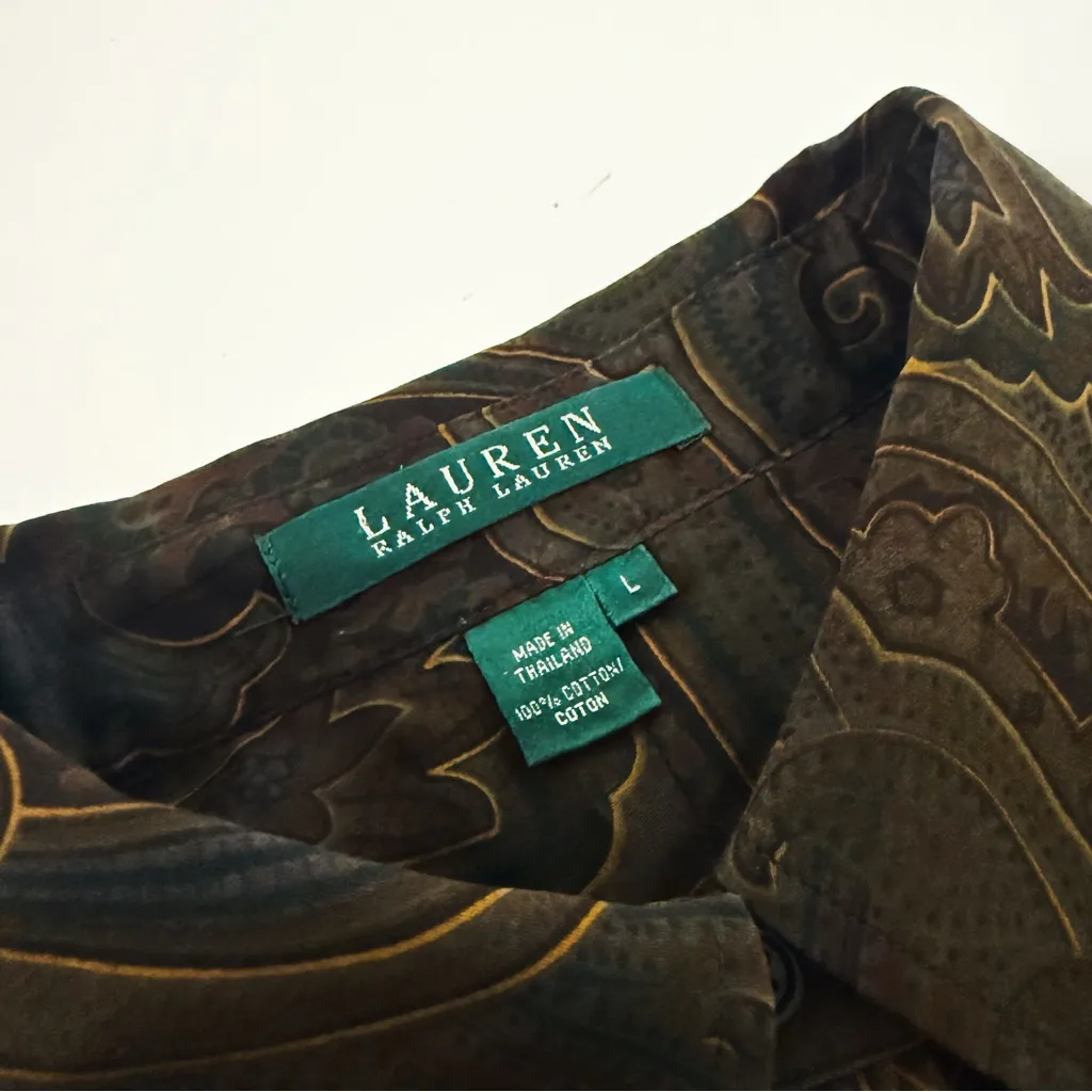 Vintage 90’s Ralph Lauren Button-Down Paisley Blouse in Brown and Olive | Size L - Image 10