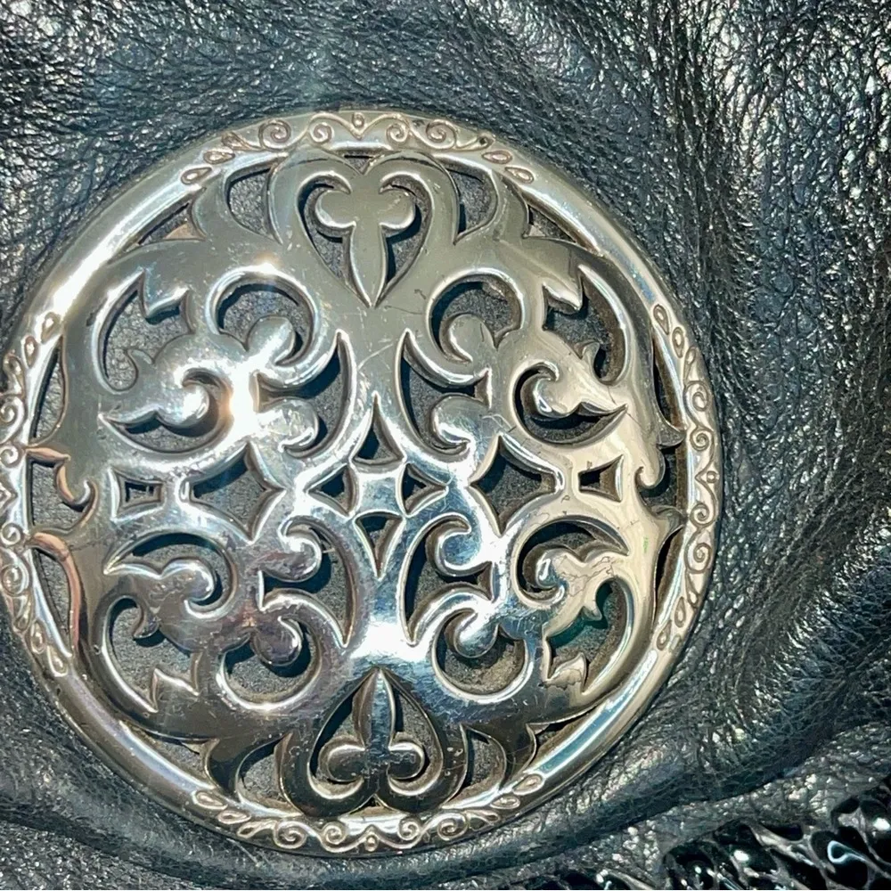 BRIGHTON black leather cross body bag with silver accents and chains and tassels - Image 8