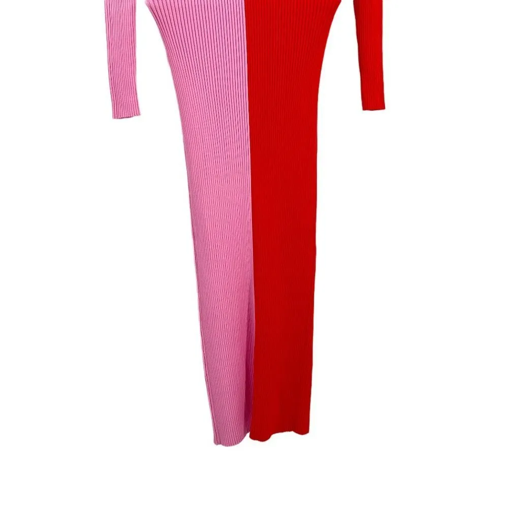 Staud Shoko Ribbed Cardigan Sweater Dress Colorblock Two Tone Midi Pink Red - Image 11