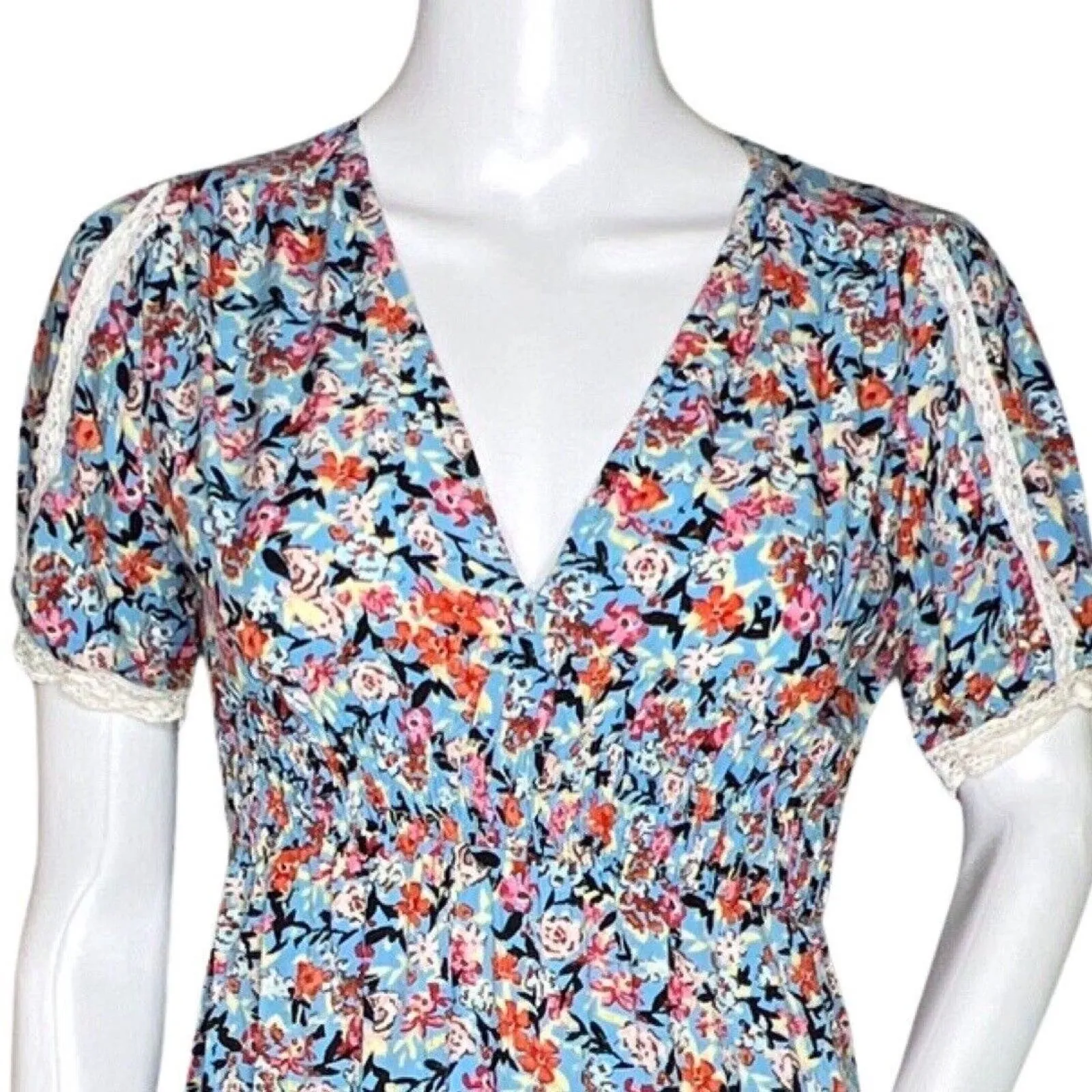 Zara Dress Womens XS Blue Pink Ditzy Floral Midi Bohemian Cottagecore‎ Prairie - Image 5