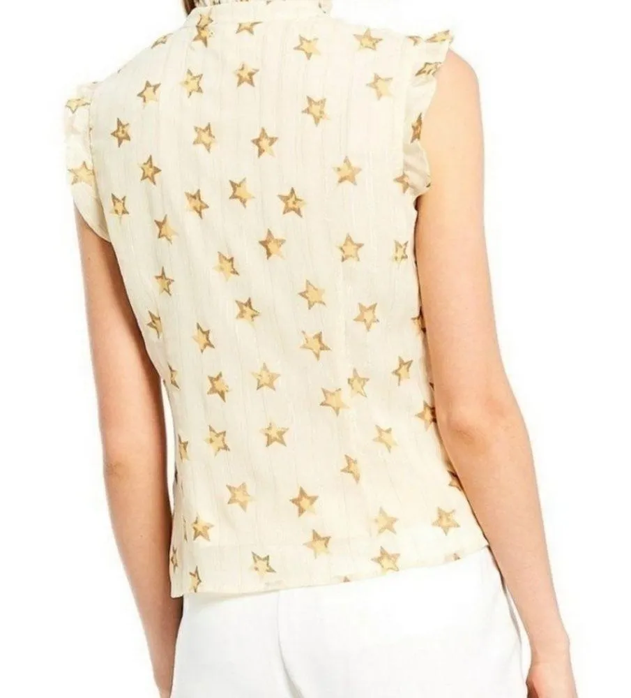 Julie Brown Blouse Ivory w/ Metallic Gold Stars Sleeveless Ruffle Top Sz 4 EUC - Image 2