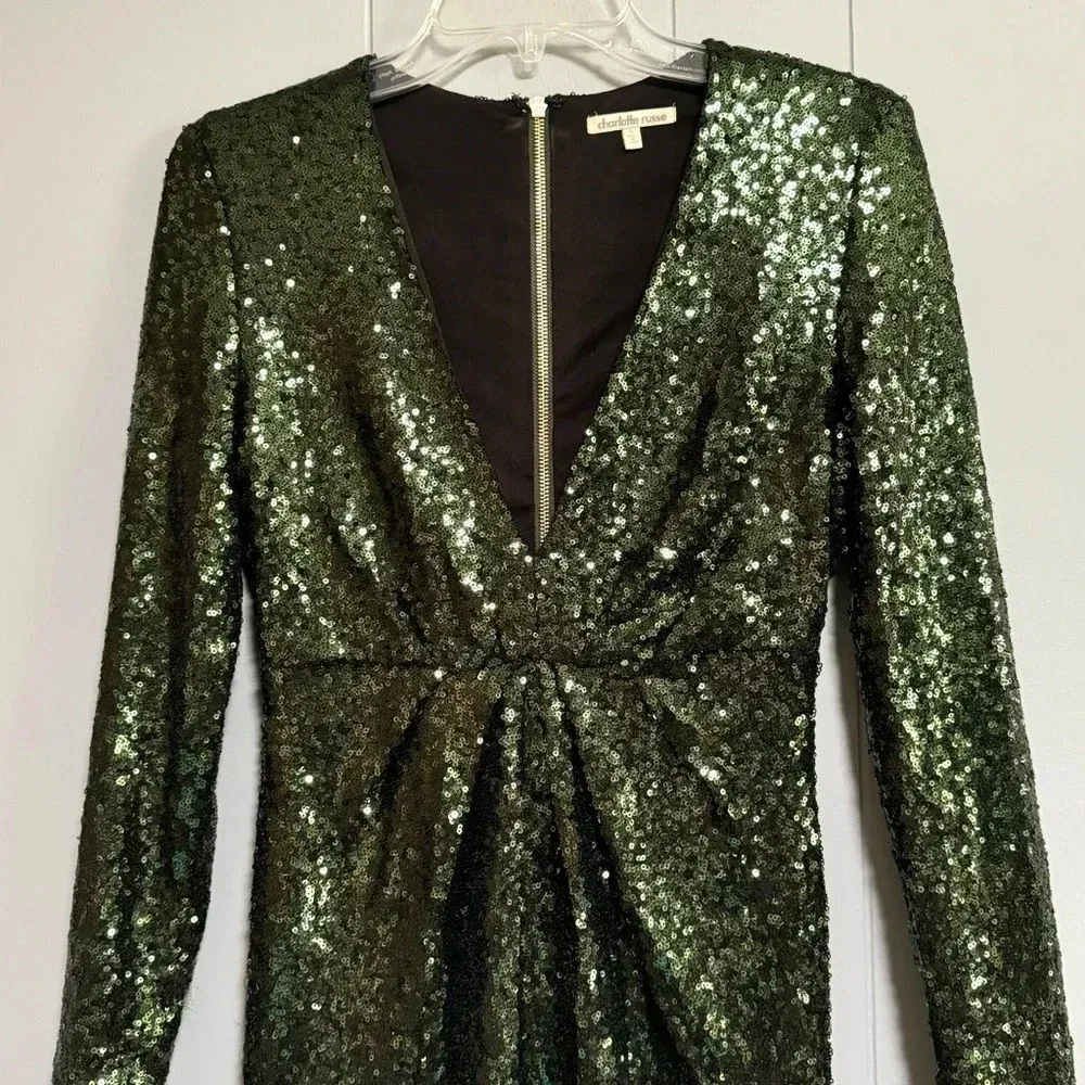 CHARLOTTE RUSSE Dark Green Sequin Long Sleeve Deep V Dress Ruching Size Small - Image 3