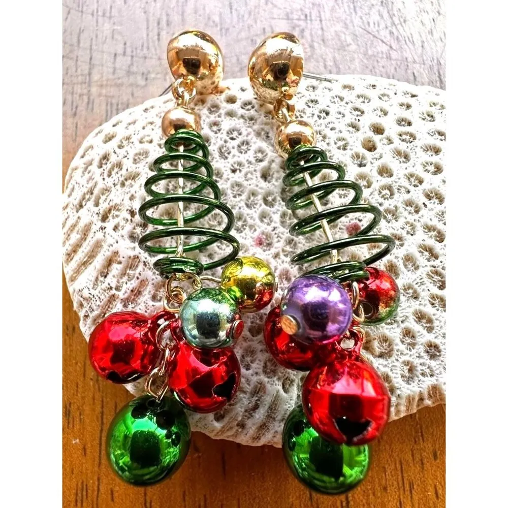 Christmas Tree Earrings New Handmade Jingle Bells Dangle Posts Festive P… Green - Image 4