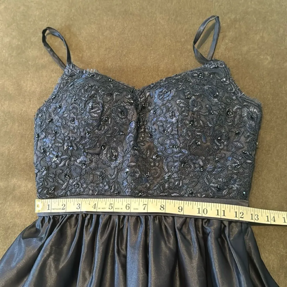 Women’s Blue Full Length Satin Lace Appliqué Party Prom Formal Dress Size 2 NWOT Blue - Image 8