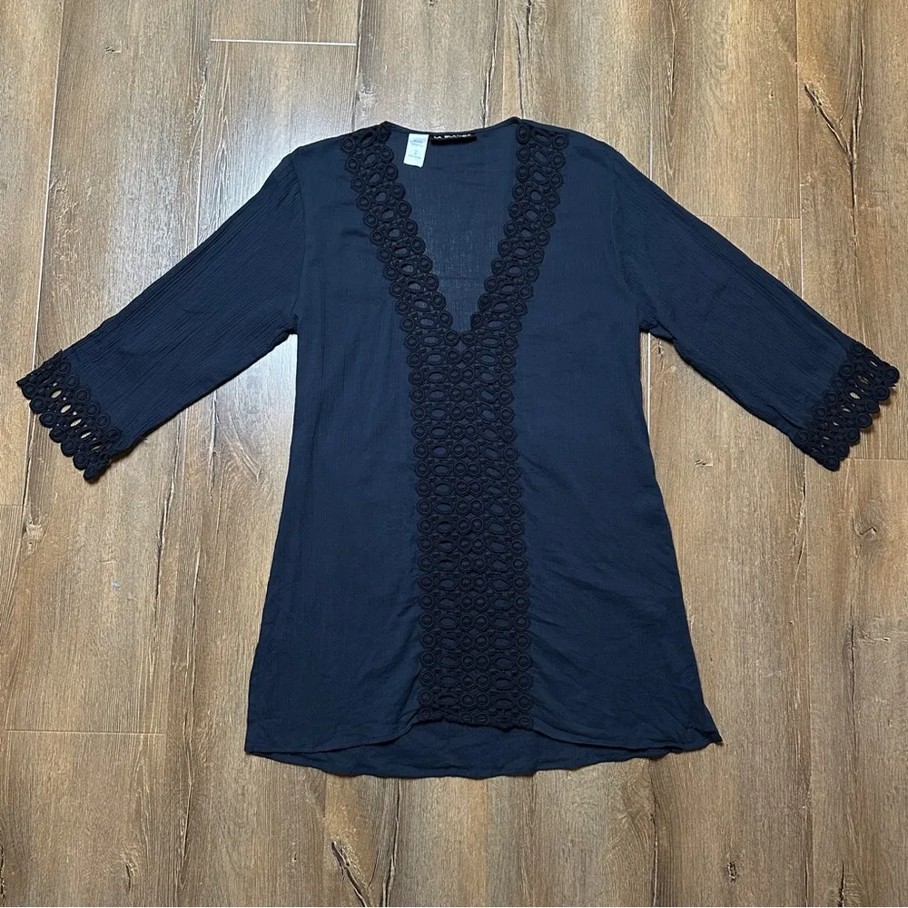 Crochet Trim Cover Up in Black Size Small Tunic Swim Top Dress LB4CC55 - Image 2