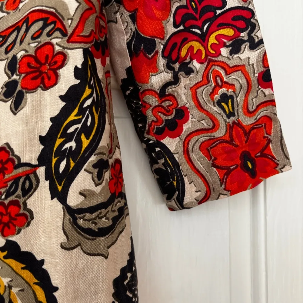 J. Crew Floral 3/4 Sleeve 100% Linen Dress Wedding Guest Split Neck Size 4 Small - Image 2