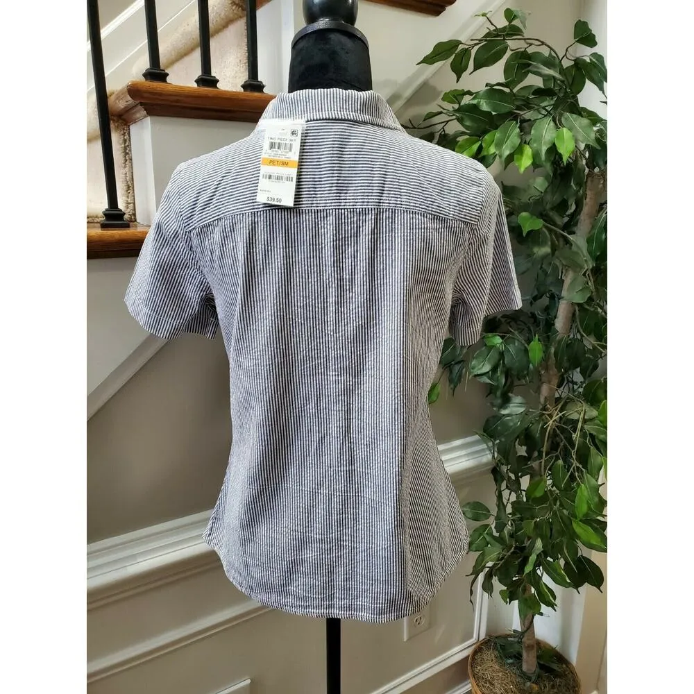 Karen Scott Women Blue / White Cotton Collared Short Sleeve Button Down Shirt PS - Image 7